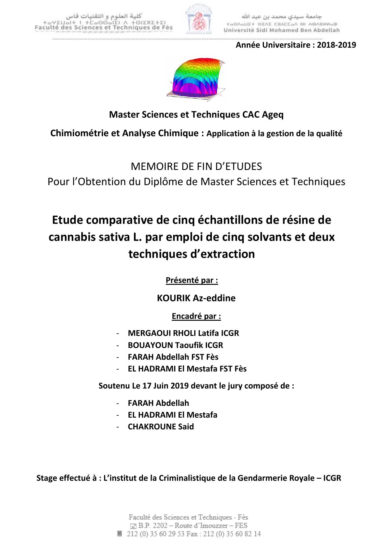 Etude comparative de cinq échantillons de résine de cannabis sativa L. par emploi de cinq solvants et deux techniques d’extraction