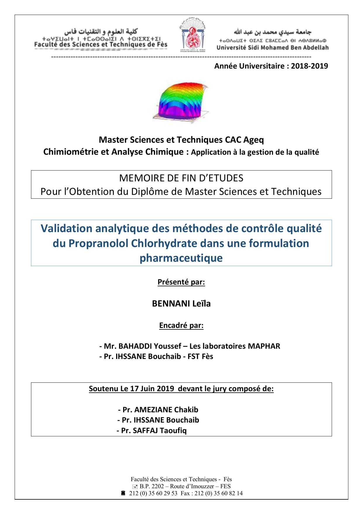 Validation analytique des méthodes de contrôle qualité du Propranolol Chlorhydrate dans une formulation pharmaceutique