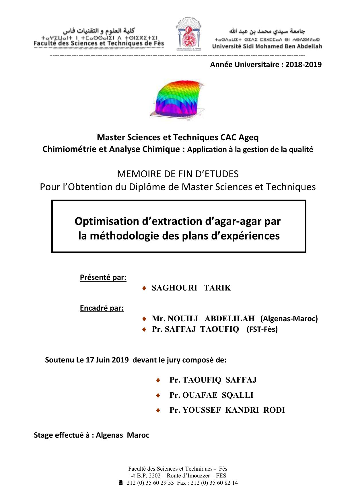 Optimisation d’extraction d’agar-agar par la méthodologie des plans d’expériences