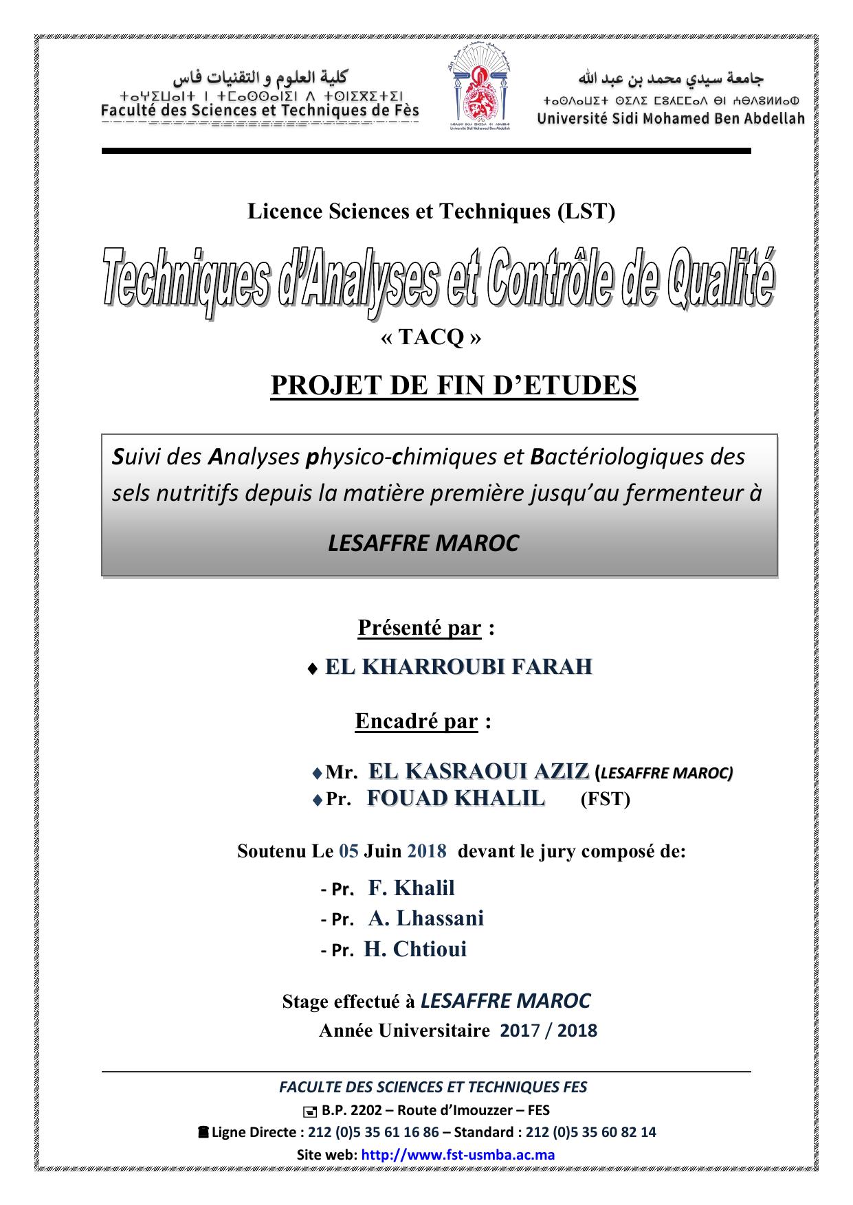 Suivi des Analyses physico-chimiques et Bactériologiques des sels nutritifs depuis la matière première jusqu’au fermenteur à LESAFFRE MAROC