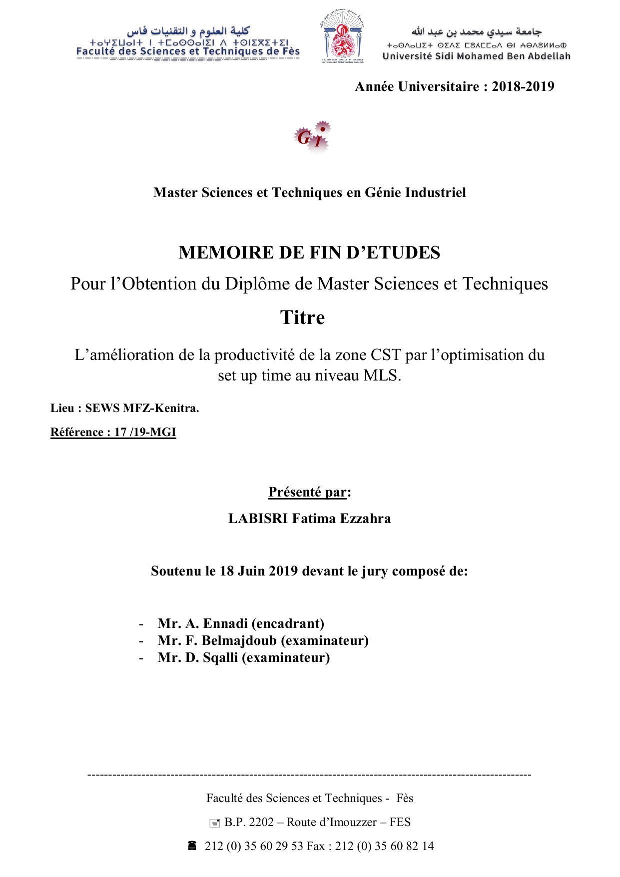 L’amélioration de la productivité de la zone CST par l’optimisation du set up time au niveau MLS.