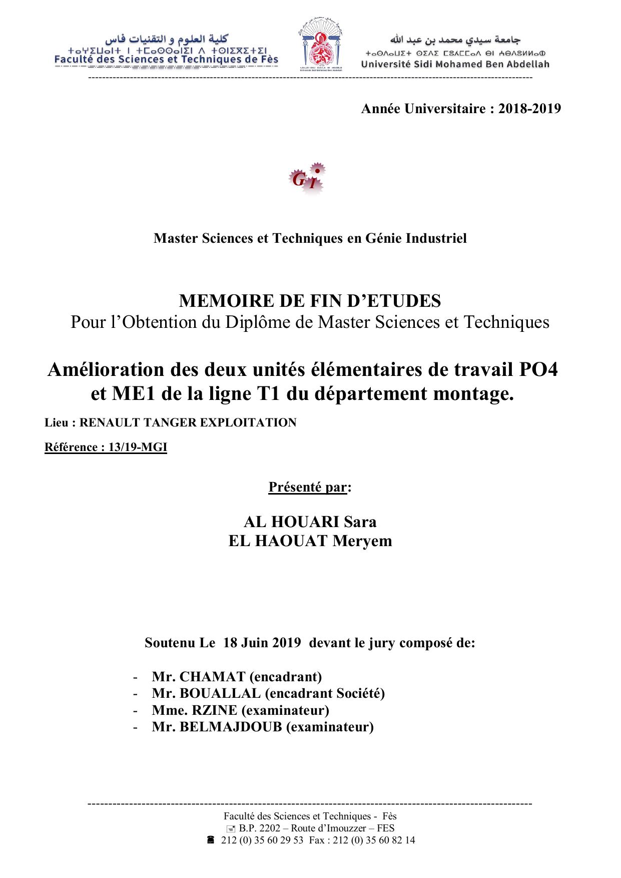 Amélioration des deux unités élémentaires de travail PO4 et ME1 de la ligne T1 du département montage.