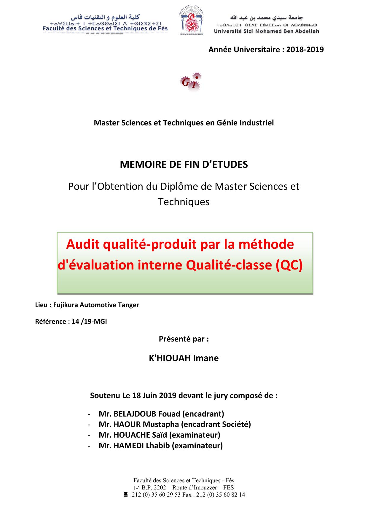 Audit qualité-produit par la méthode d'évaluation interne Qualité-classe (QC)