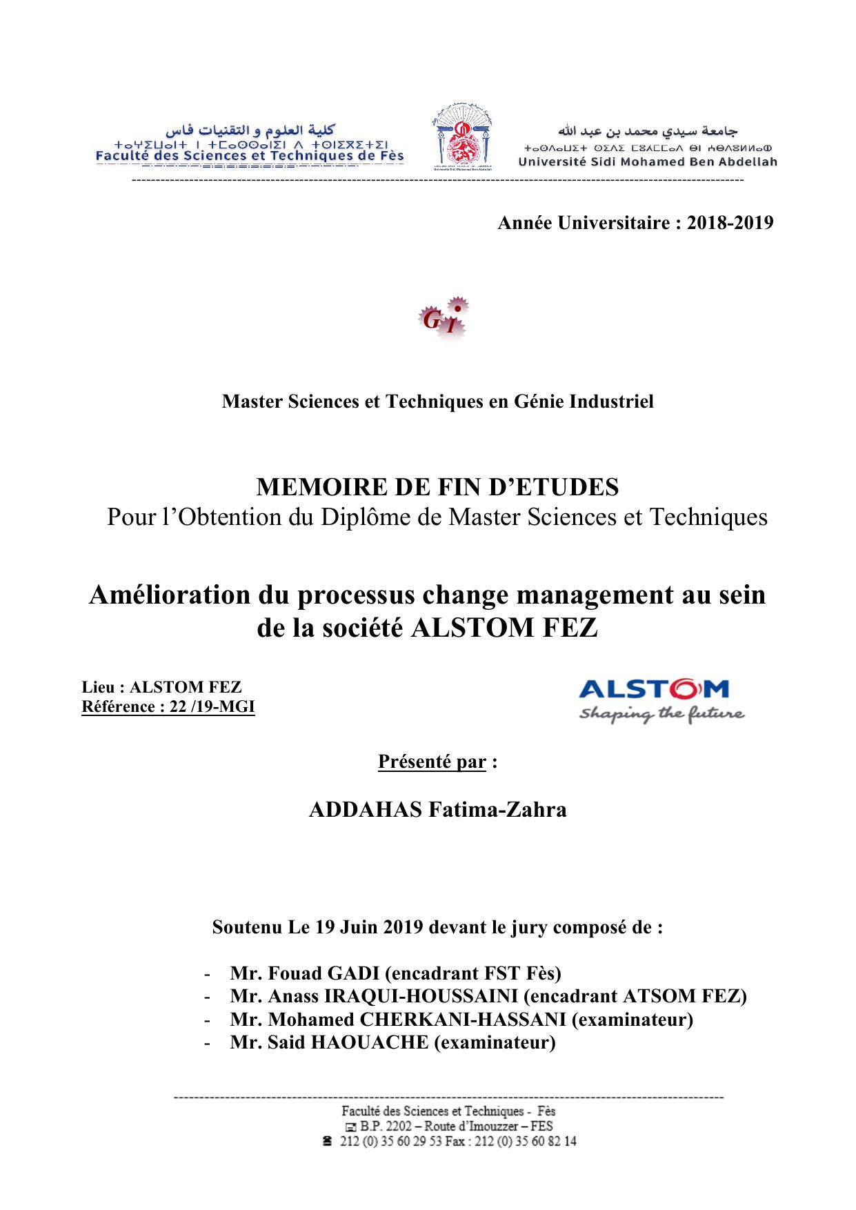 Amélioration du processus change management au sein de la société ALSTOM FEZ