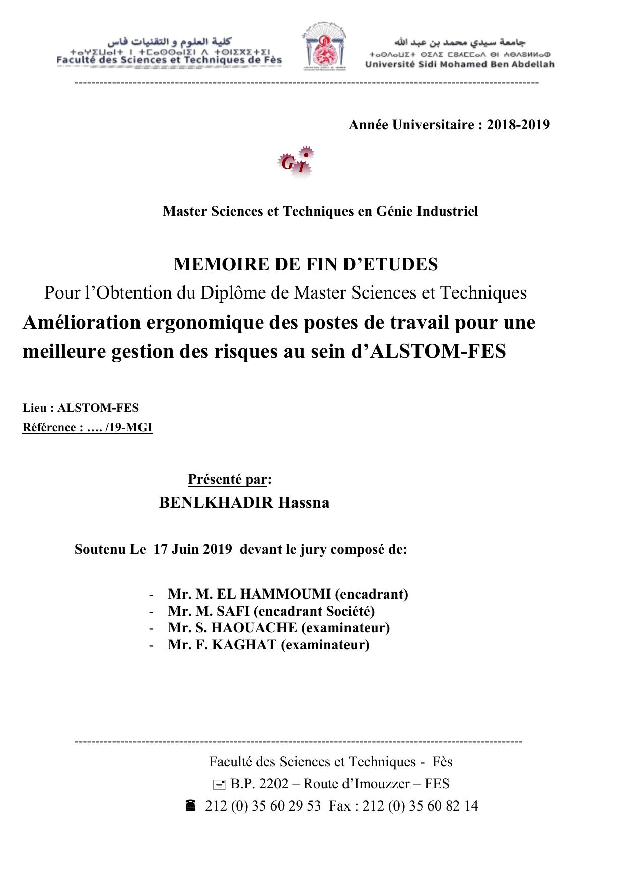 Amélioration ergonomique des postes de travail pour une meilleure gestion des risques au sein d’ALSTOM-FES