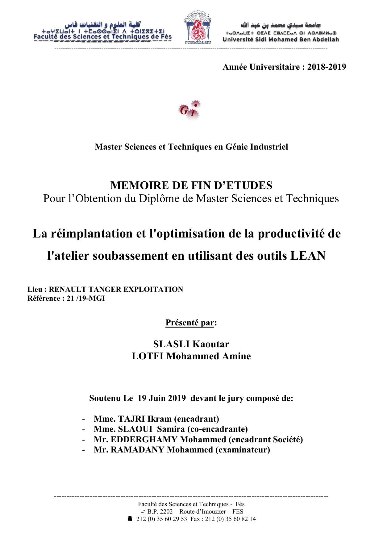 La réimplantation et l'optimisation de la productivité de l'atelier soubassement en utilisant des outils LEAN