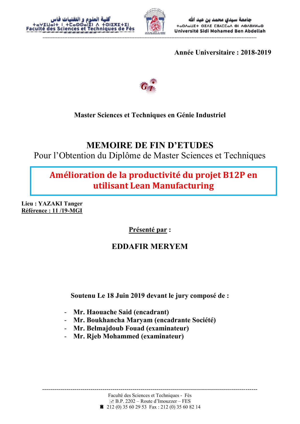 Amélioration de la productivité du projet B12P en utilisant Lean Manufacturing