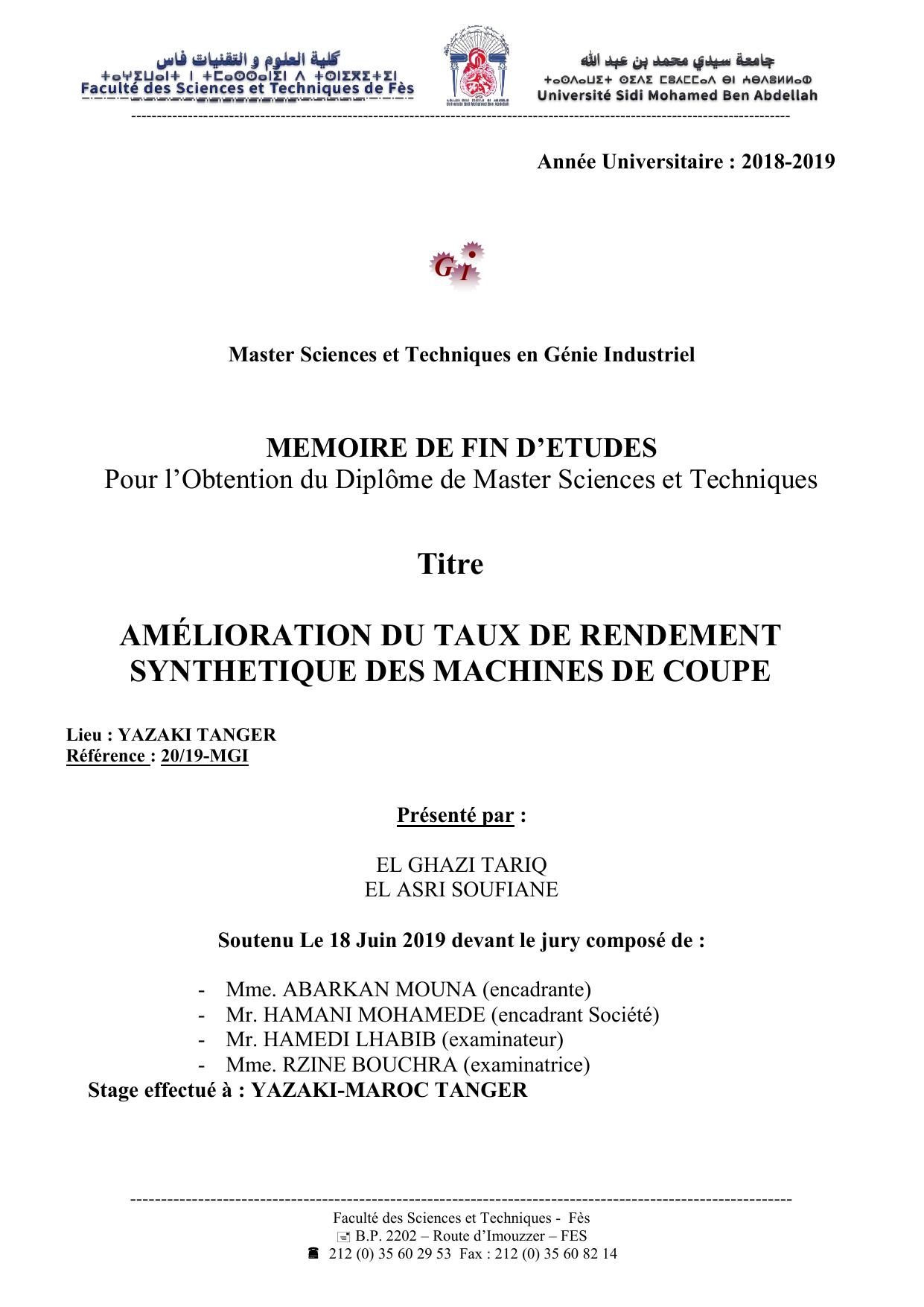 AMÉLIORATION DU TAUX DE RENDEMENT SYNTHETIQUE DES MACHINES DE COUPE