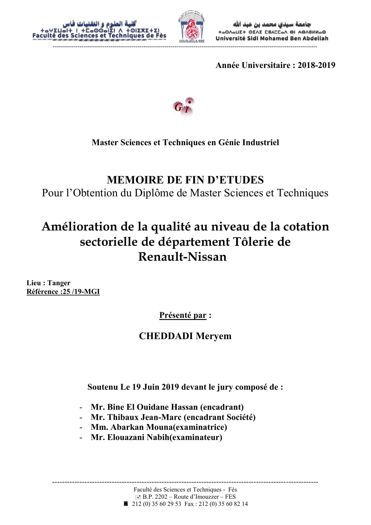 Amélioration de la qualité au niveau de la cotation sectorielle de département Tôlerie de Renault-Nissan