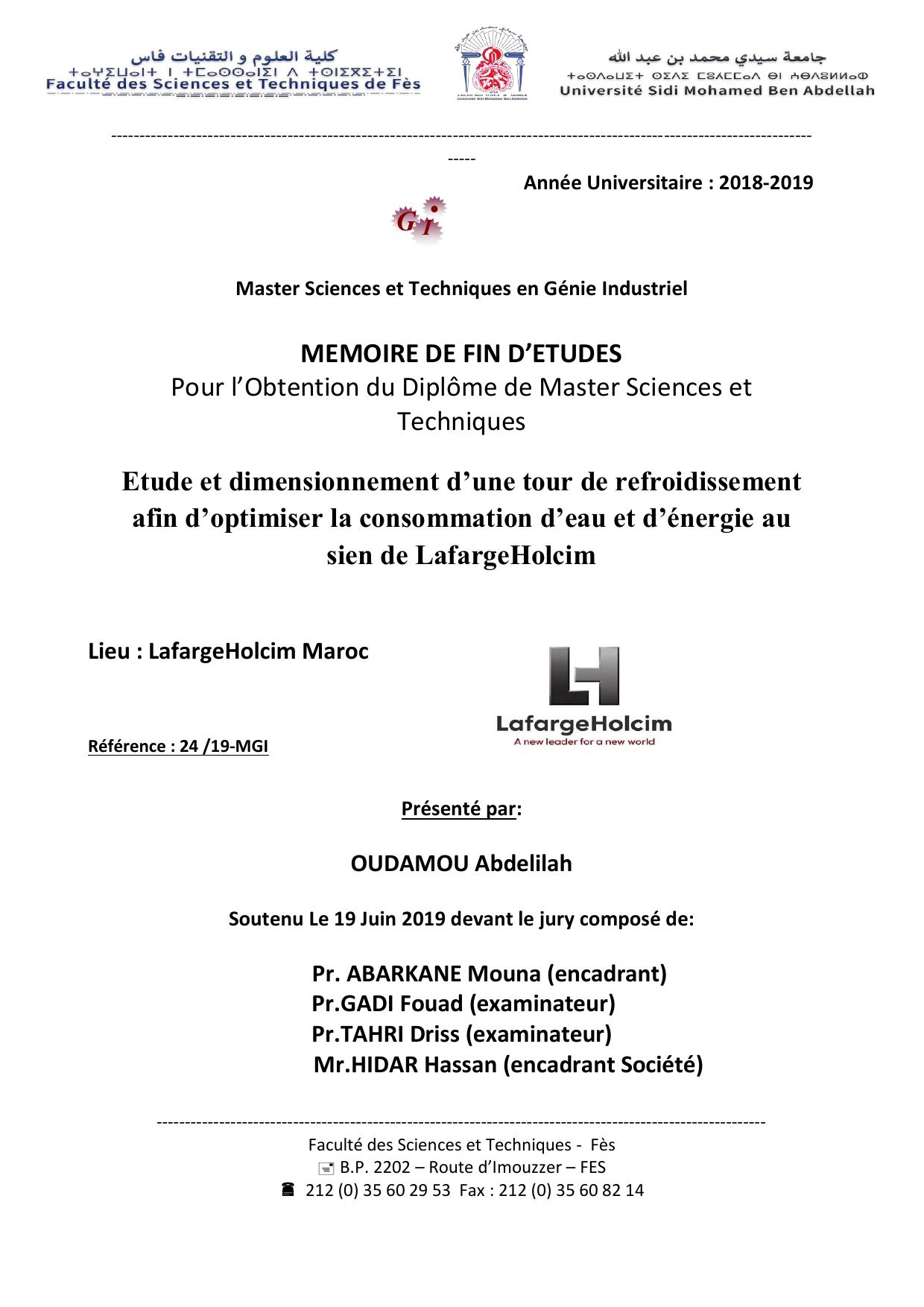 Etude et dimensionnement d’une tour de refroidissement afin d’optimiser la consommation d’eau et d’énergie au sien de LafargeHolcim