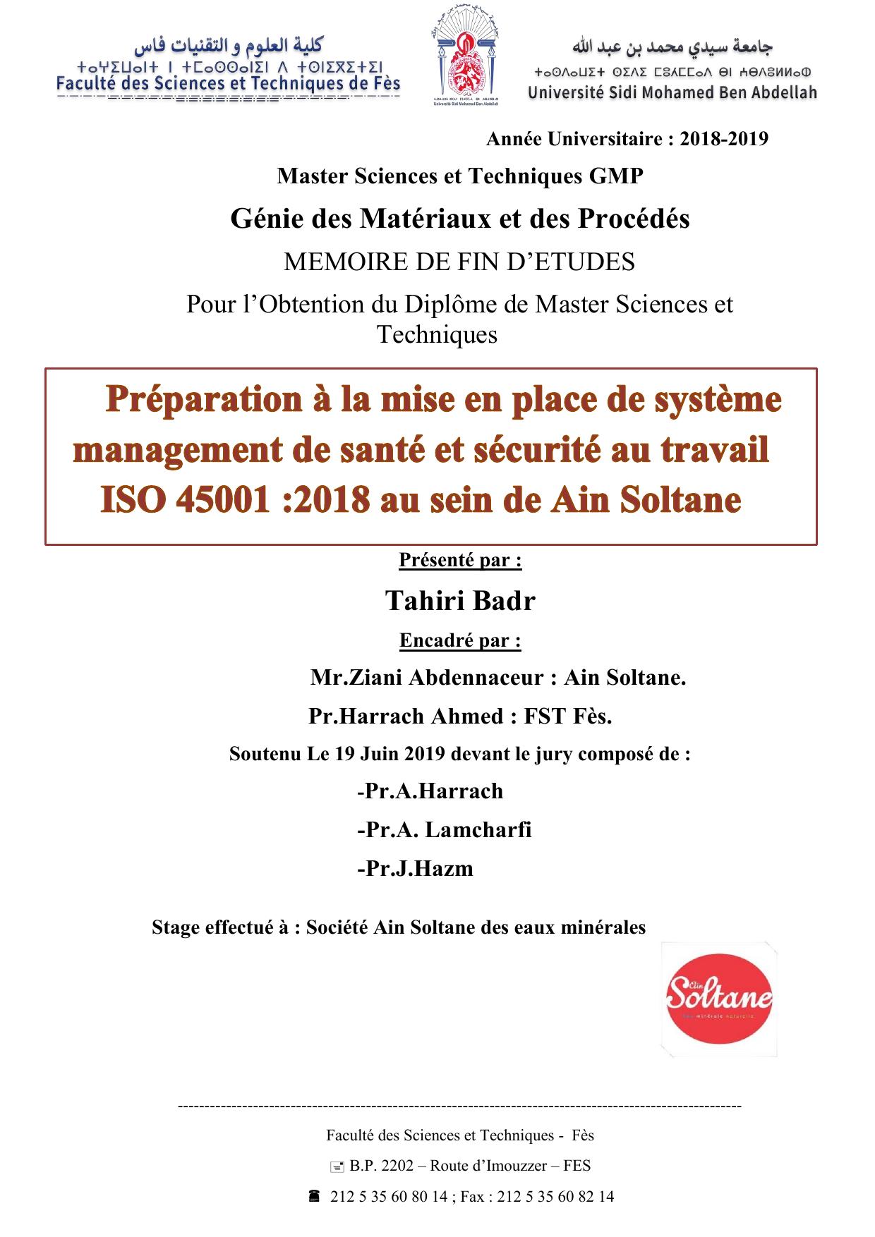 Préparation à la mise en place de système management de santé et sécurité au travail ISO 45001:2018 au sein de Ain Soltane