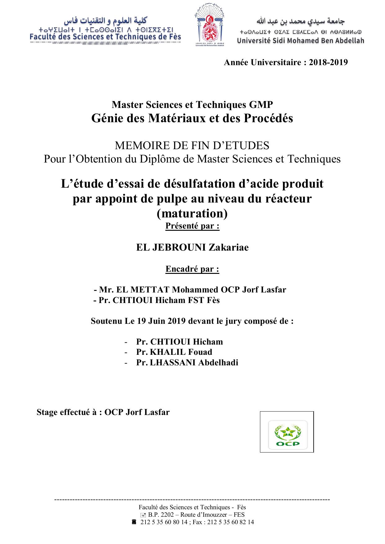 L’étude d’essai de désulfatation d’acide produit par appoint de pulpe au niveau du réacteur (maturation)