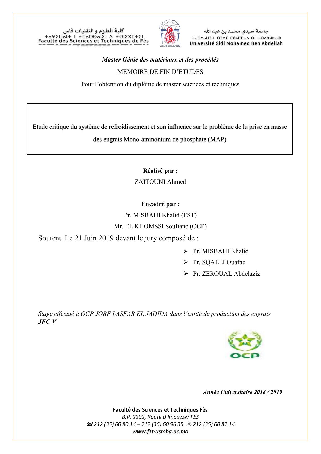 Etude critique du système de refroidissement et son influence sur le probléme de la prise en masse des engrais Mono-ammonium de phosphate (MAP)