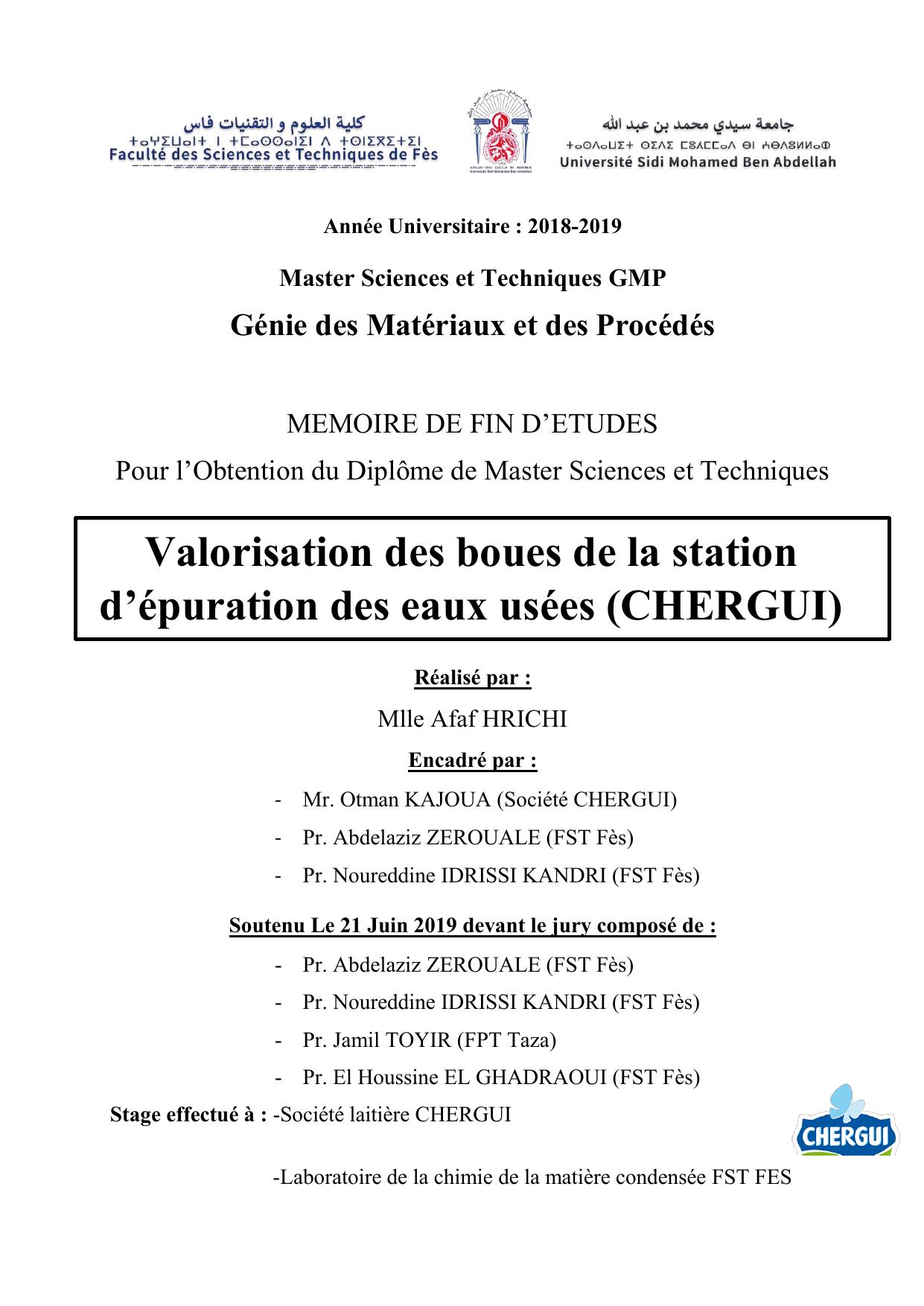 Valorisation des boues de la station d’épuration des eaux usées (CHERGUI)