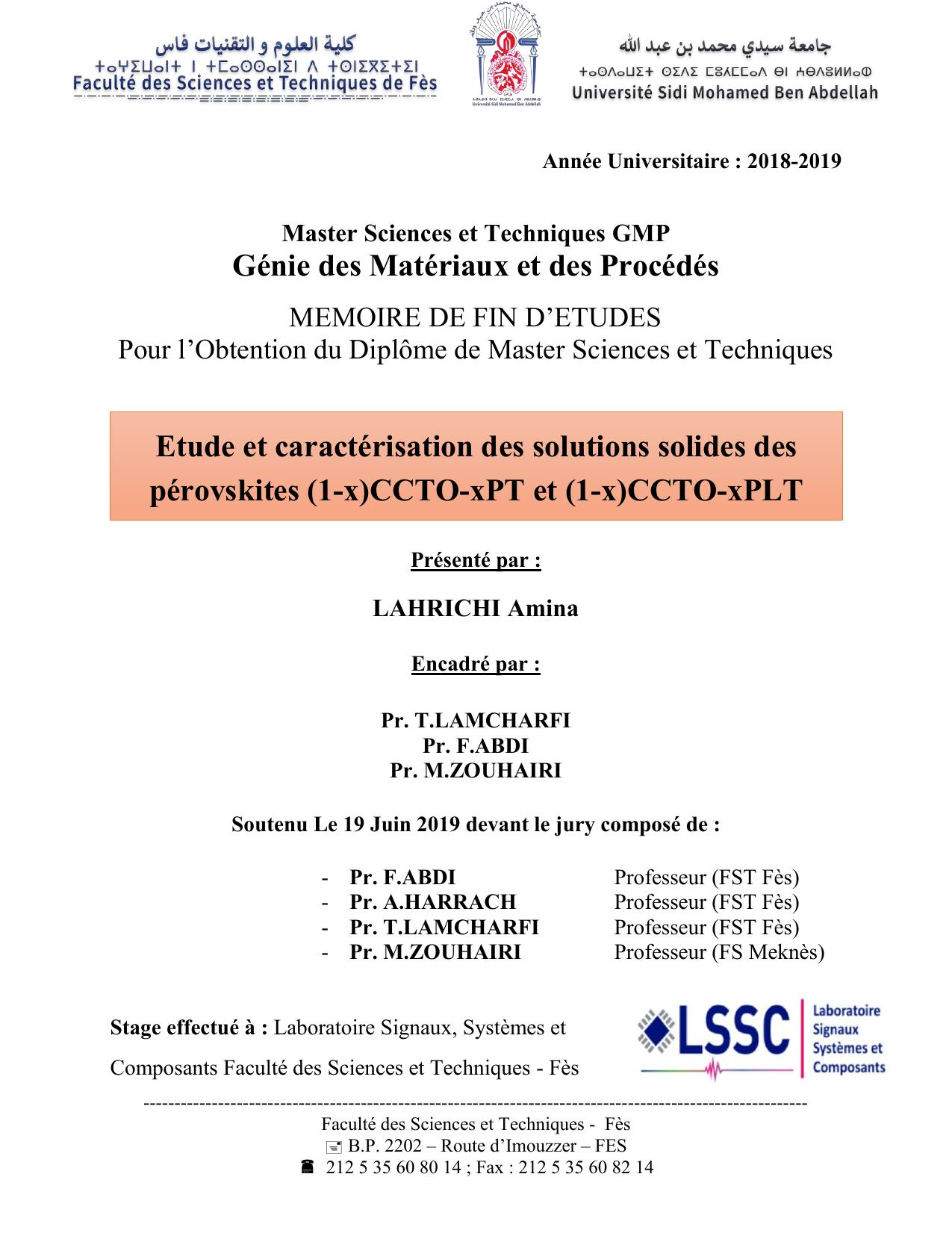 Etude et caractérisation des solutions solides des pérovskites (1-x)CCTO-xPT et (1-x)CCTO-xPLT