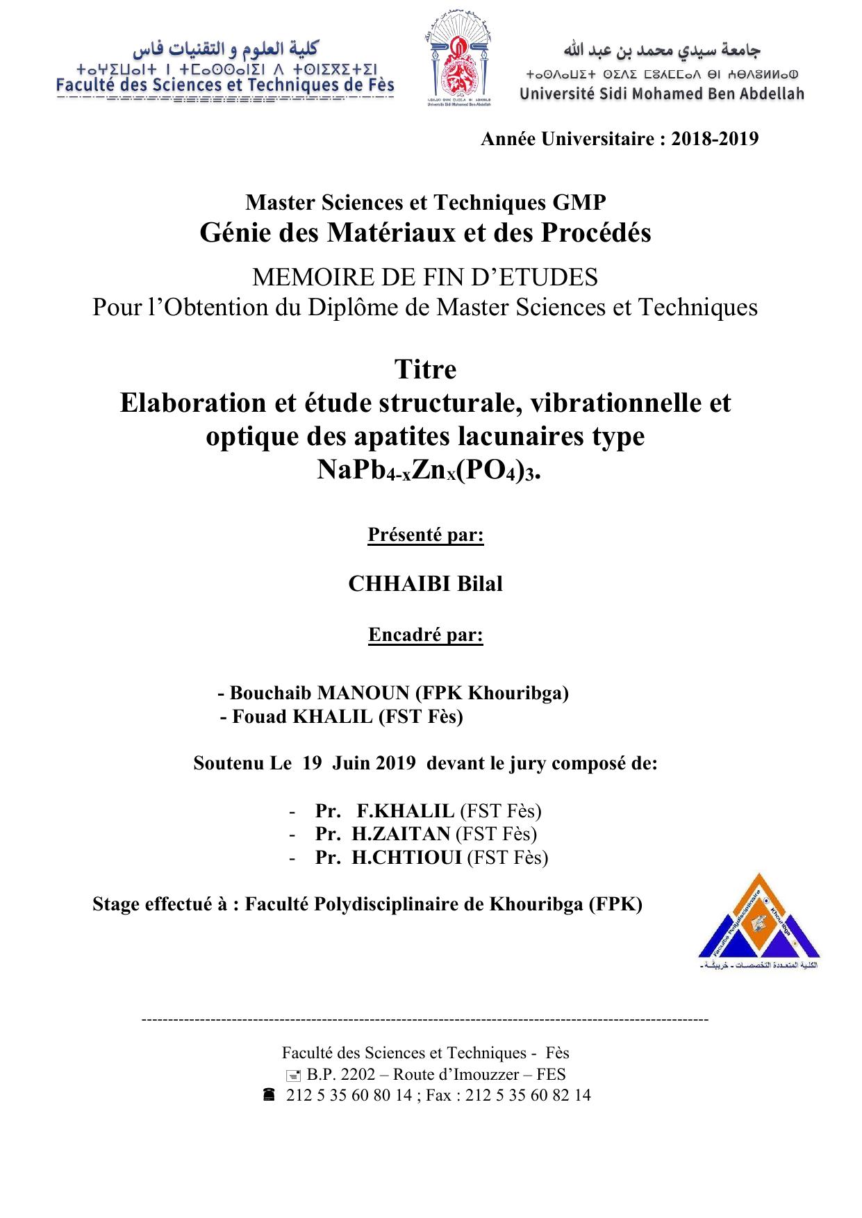 Elaboration et étude structurale, vibrationnelle et optique des apatites lacunaires type NaPb4-xZnX(PO4)3.