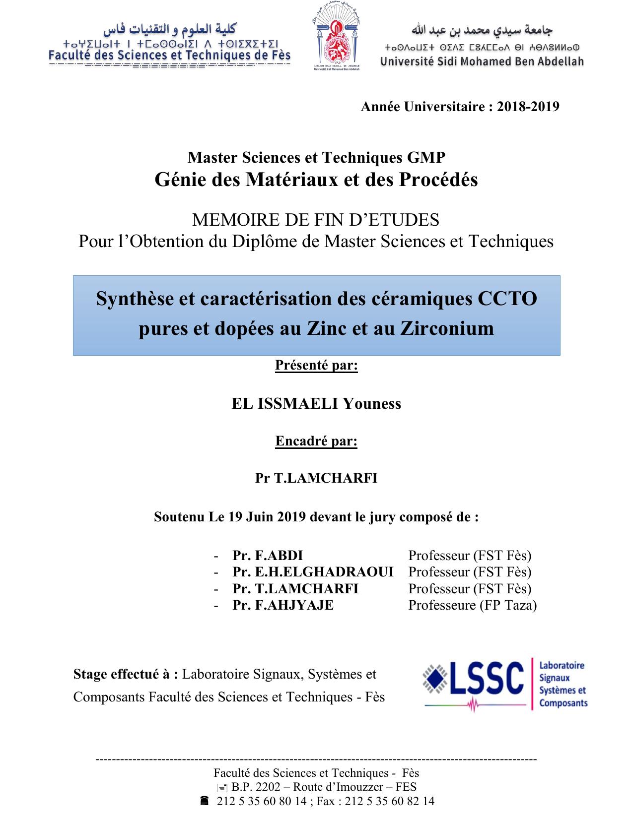 Synthèse et caractérisation des céramiques CCTO pures et dopées au Zinc et au Zirconium