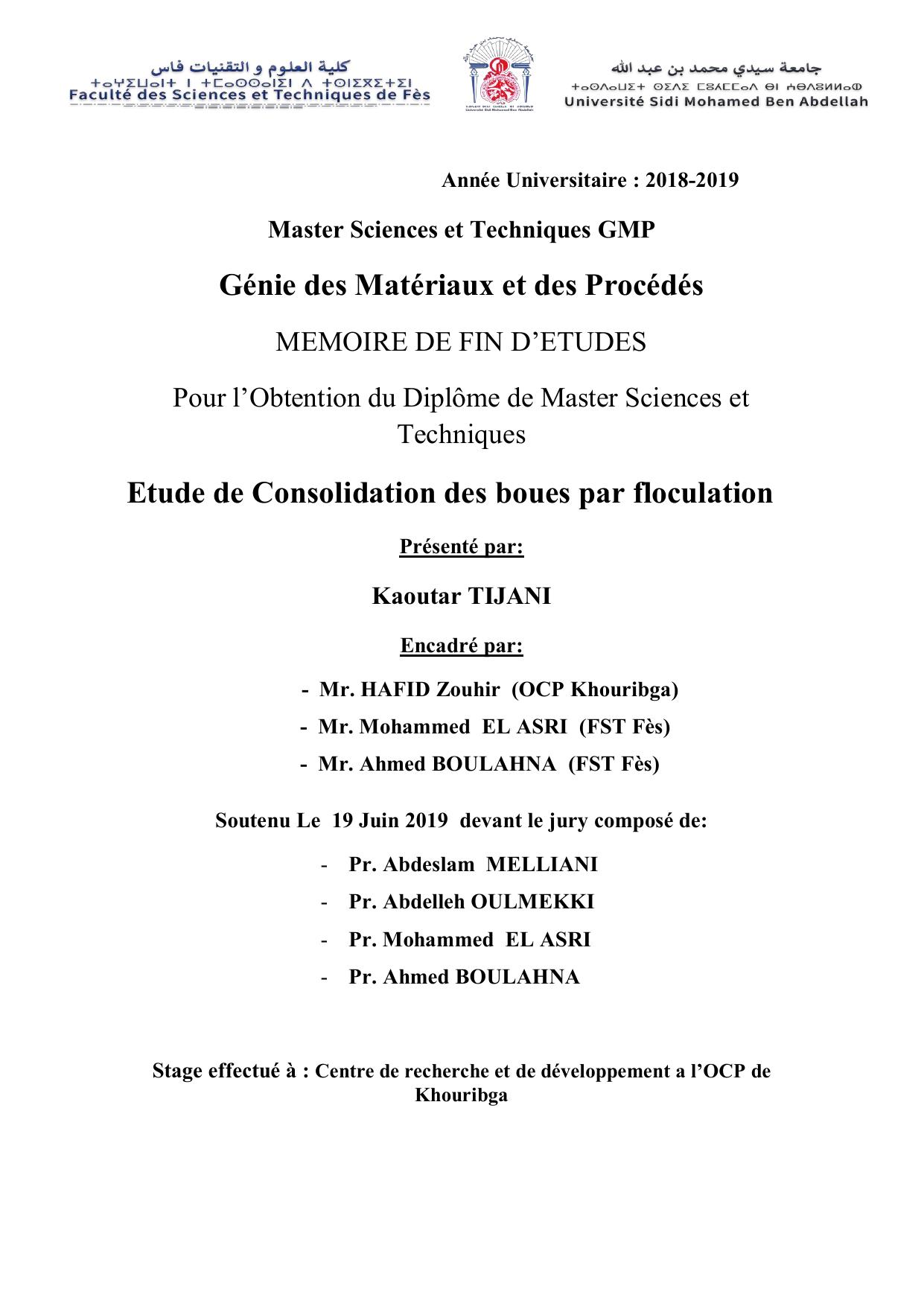 Etude de Consolidation des boues par floculation