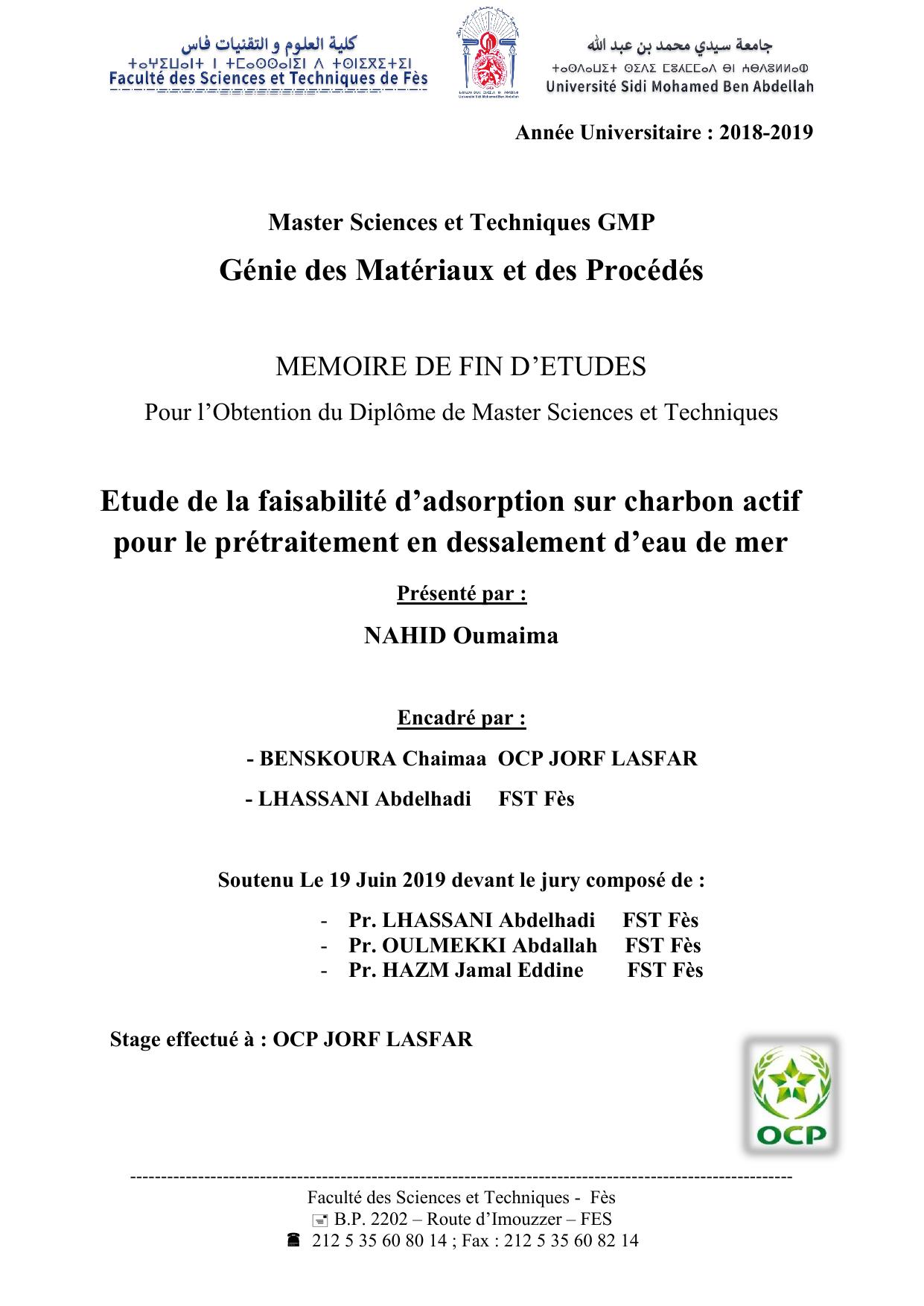 Etude de la faisabilité d’adsorption sur charbon actif pour le prétraitement en dessalement d’eau de mer