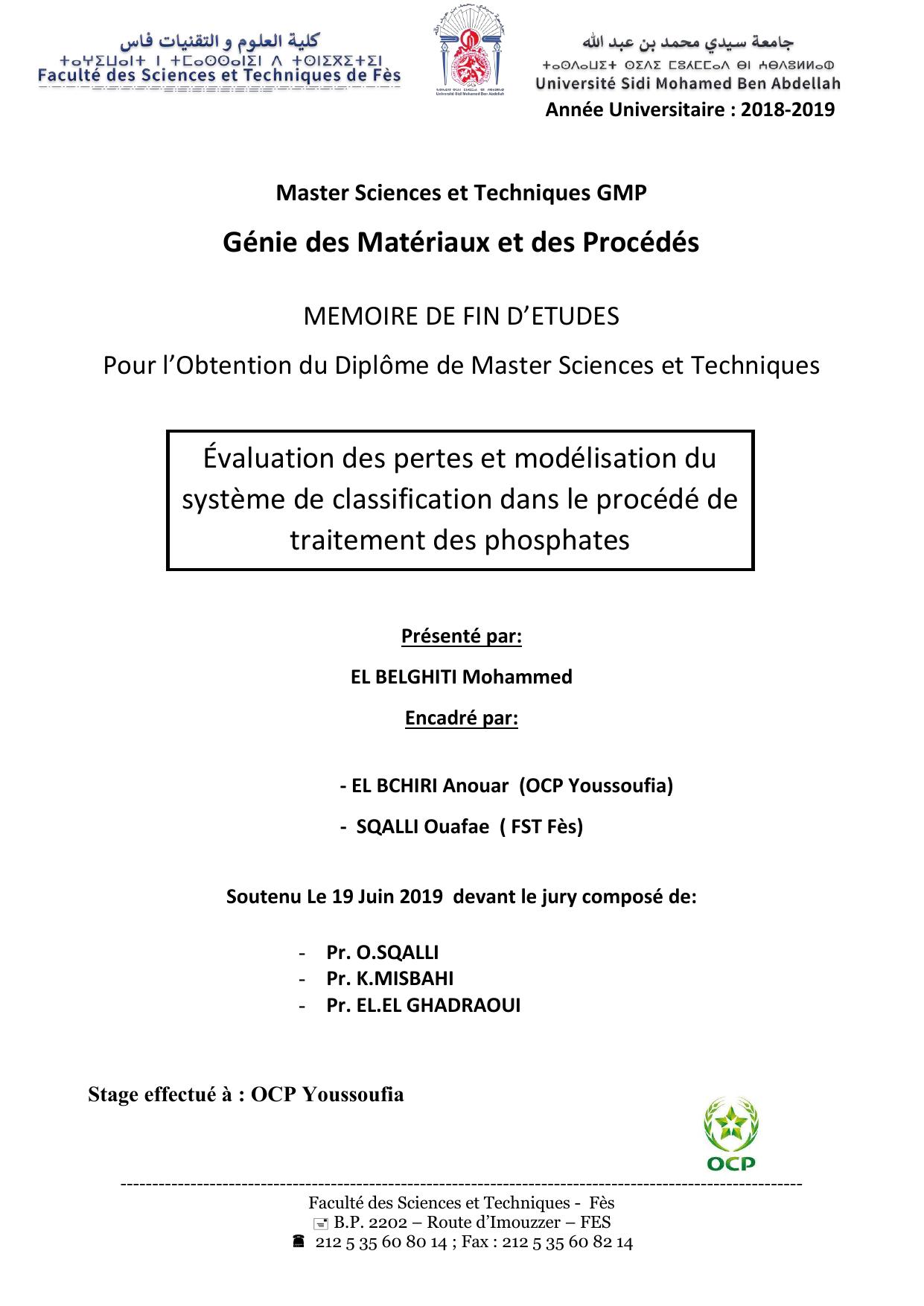 Évaluation des pertes et modélisation du système de classification dans le procédé de traitement des phosphates