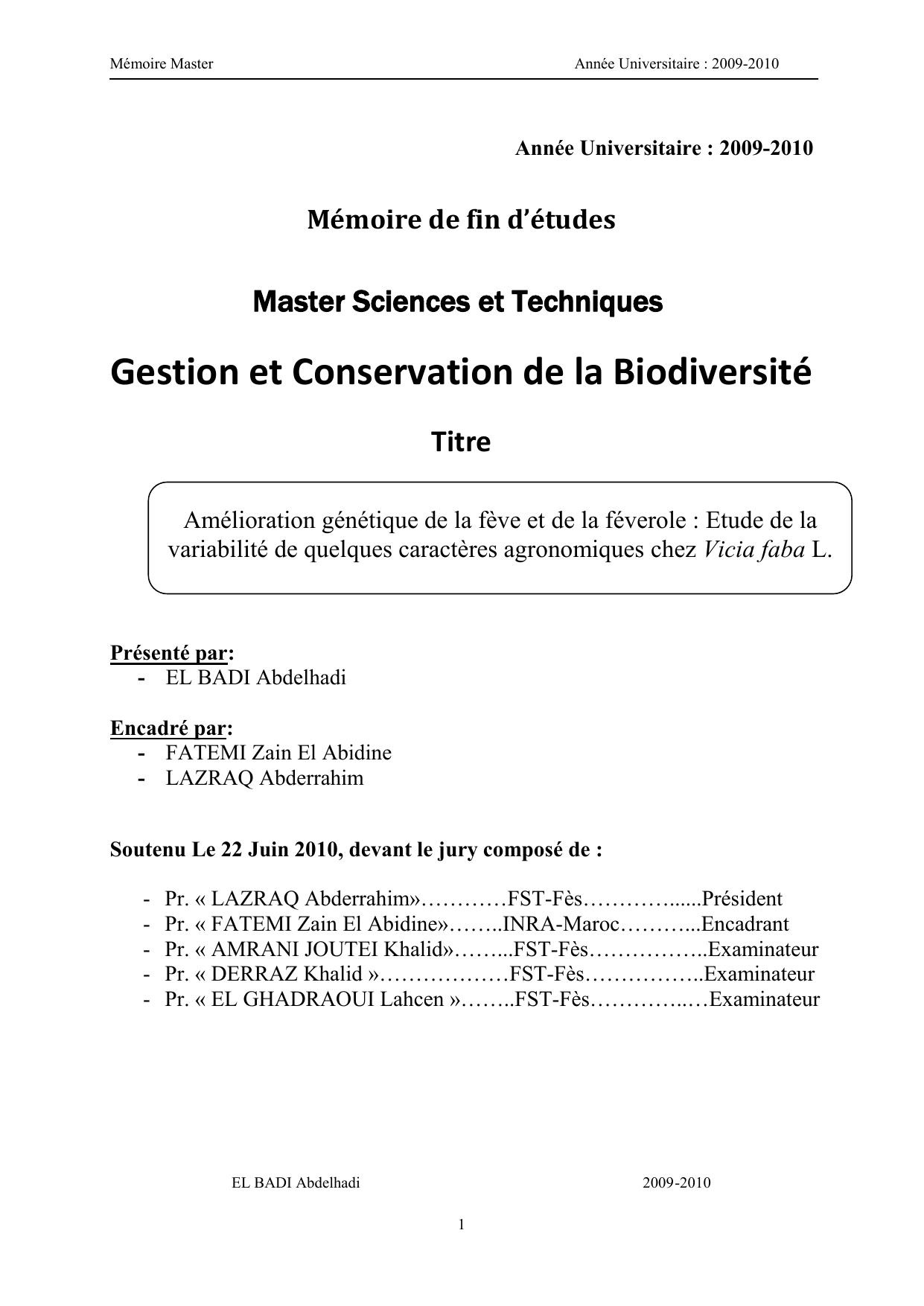 Amélioration génétique de la fève et de la féverole : Etude de la variabilité de quelques caractères agronomiques chez Vicia faba L.