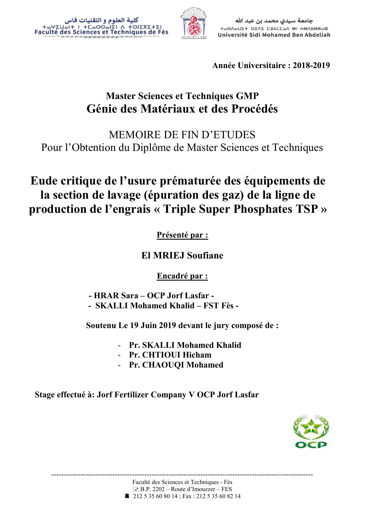 Etude critique de l’usure prématurée des équipements de la section de lavage (épuration des gaz) de la ligne de production de l’engrais « Triple Super Phosphates TSP »