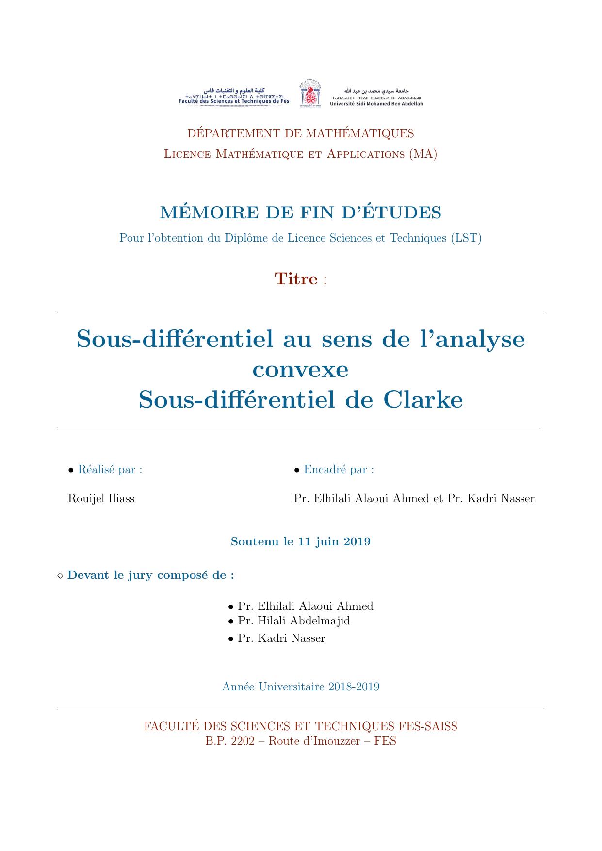 Sous-différentiel au sens de l'analyse convexe Sous-différentiel de Clarke