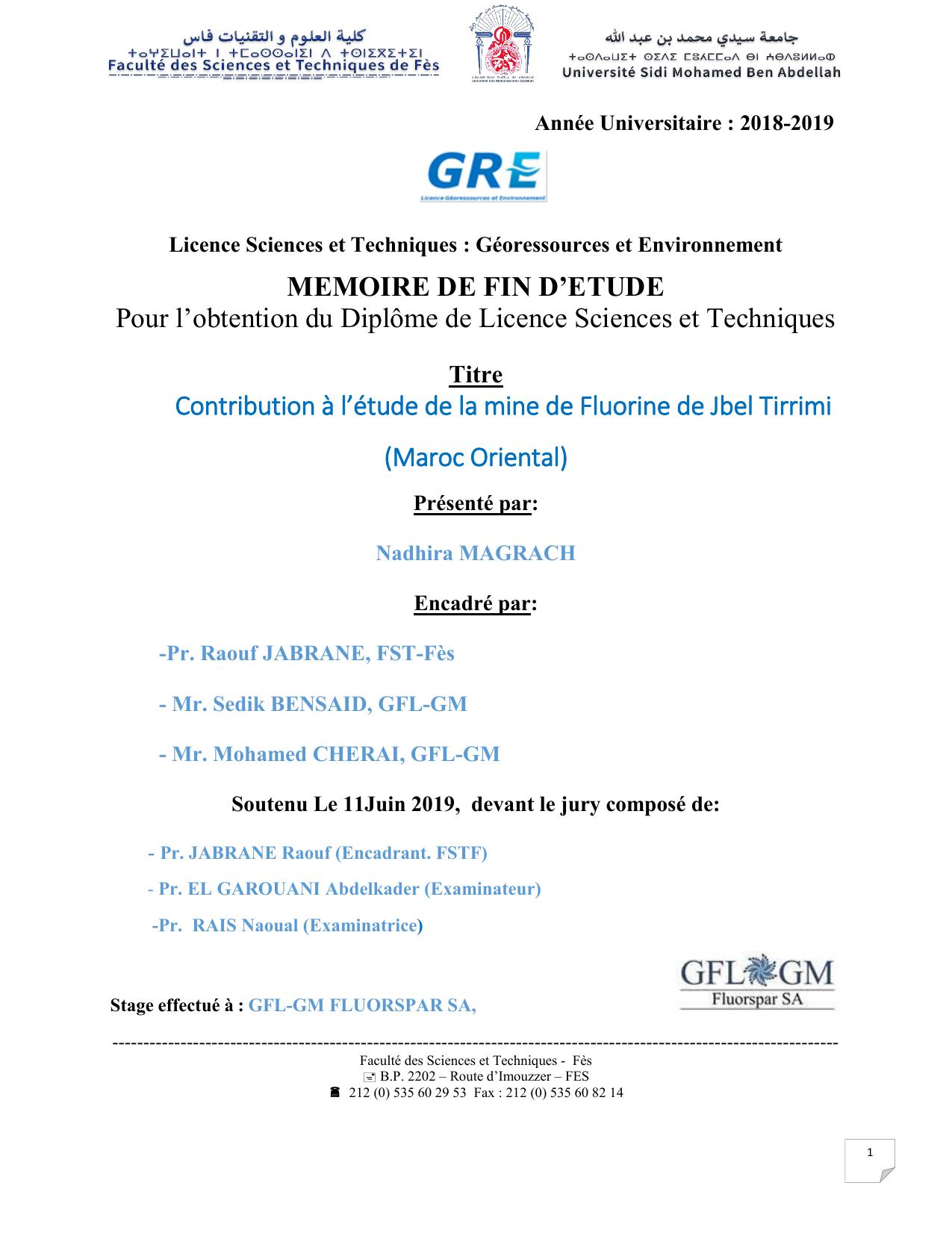 Contribution à l’étude de la mine de Fluorine de Jbel Tirrimi (Maroc Oriental)