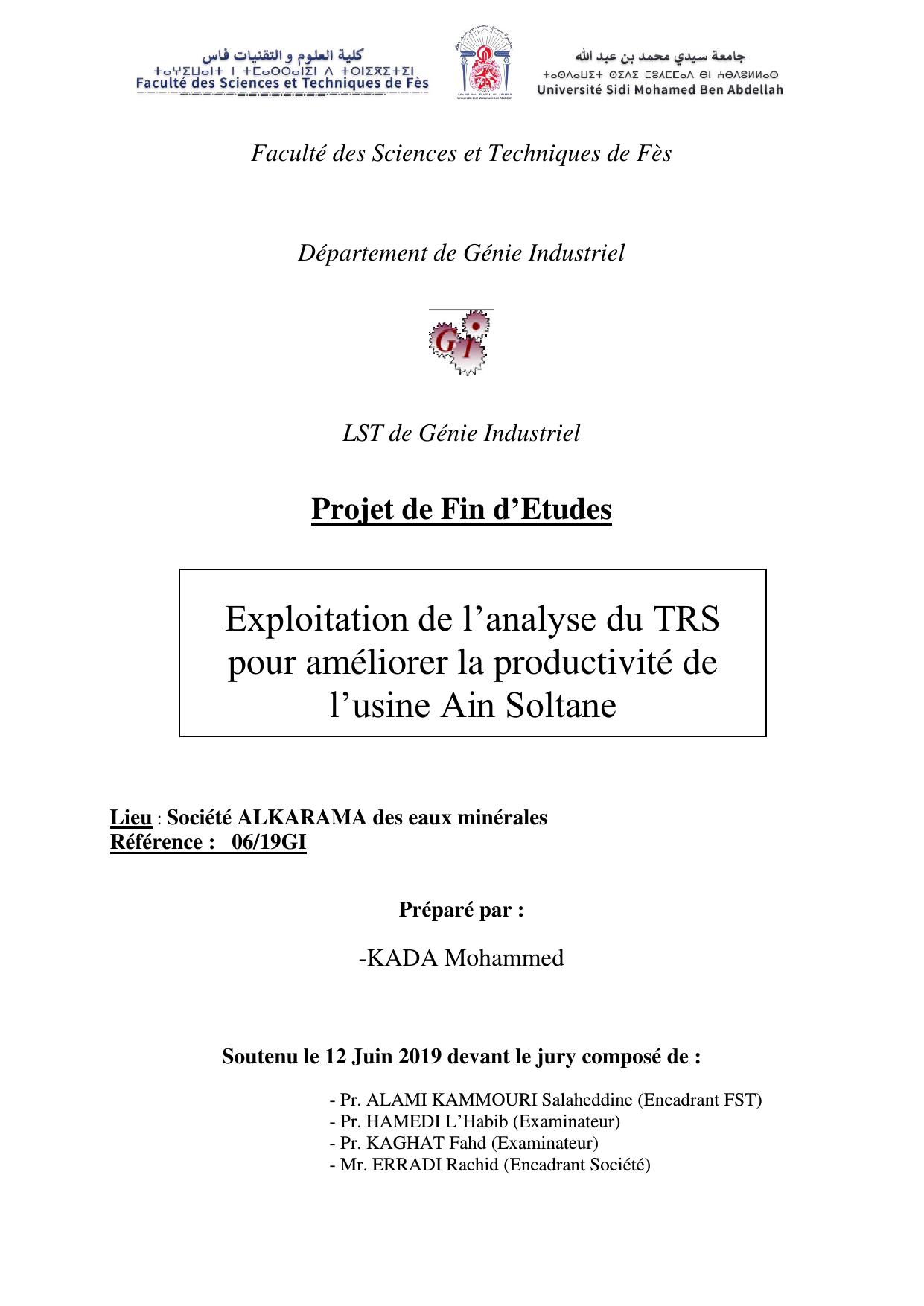 Exploitation de l’analyse du TRS pour améliorer la productivité de l’usine Ain Soltane