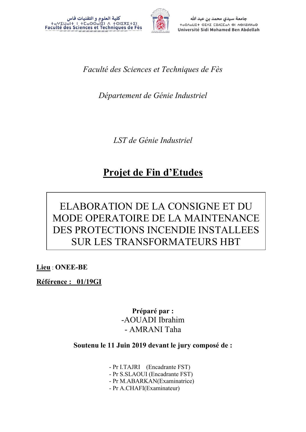 ELABORATION DE LA CONSIGNE ET DU MODE OPERATOIRE DE LA MAINTENANCE DES PROTECTIONS INCENDIE INSTALLEES SUR LES TRANSFORMATEURS HBT