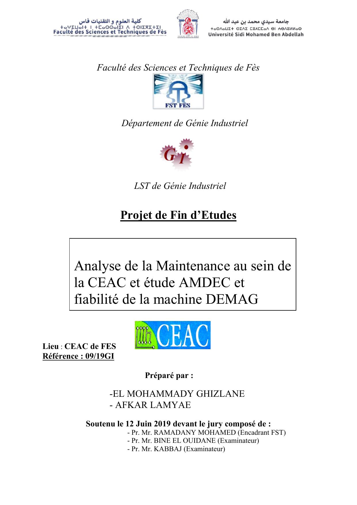 Analyse de la Maintenance au sein de la CEAC et étude AMDEC et fiabilité de la machine DEMAG