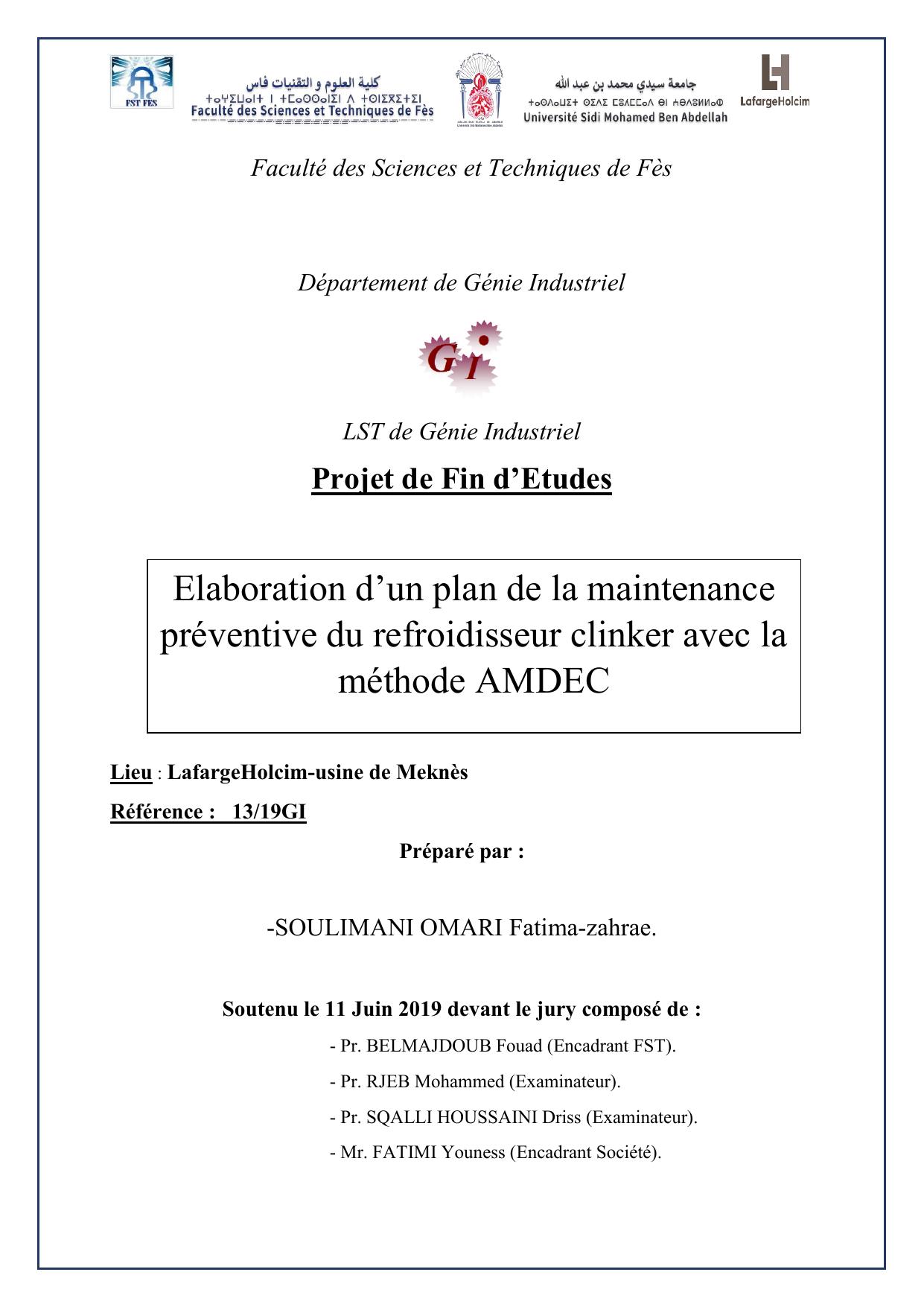 Elaboration d’un plan de la maintenance préventive du refroidisseur clinker avec la méthode AMDEC