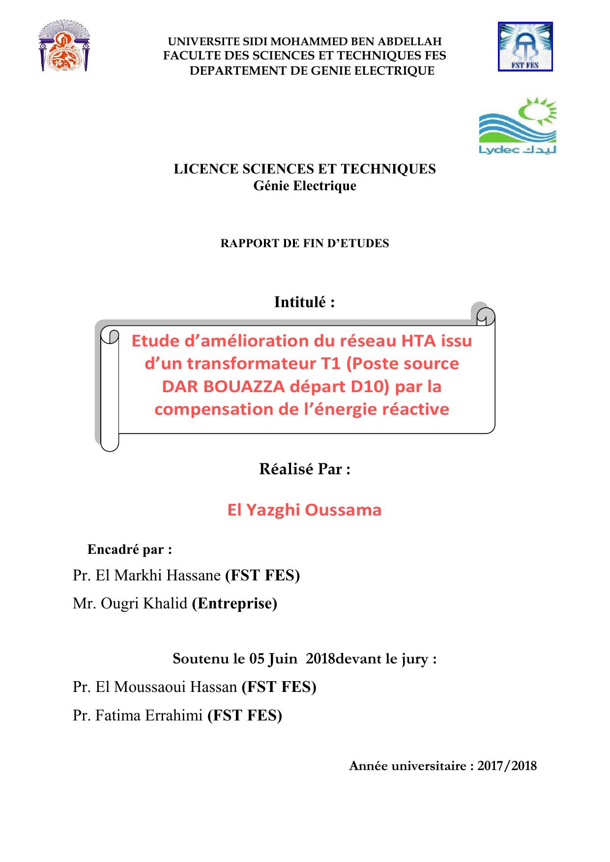 Etude d’amélioration du réseau HTA issu d’un transformateur T1 (Poste source DAR BOUAZZA départ D10) par la compensation de l’énergie réactive