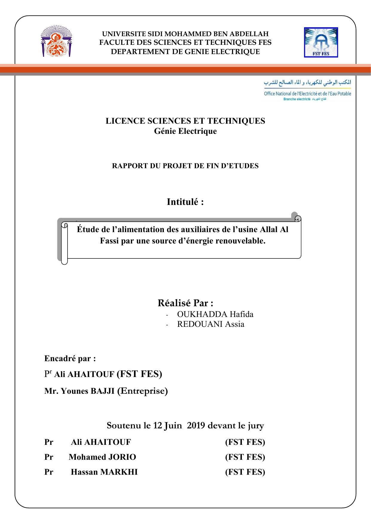 Étude de l’alimentation des auxiliaires de l’usine Allal Al Fassi par une source d’énergie renouvelable