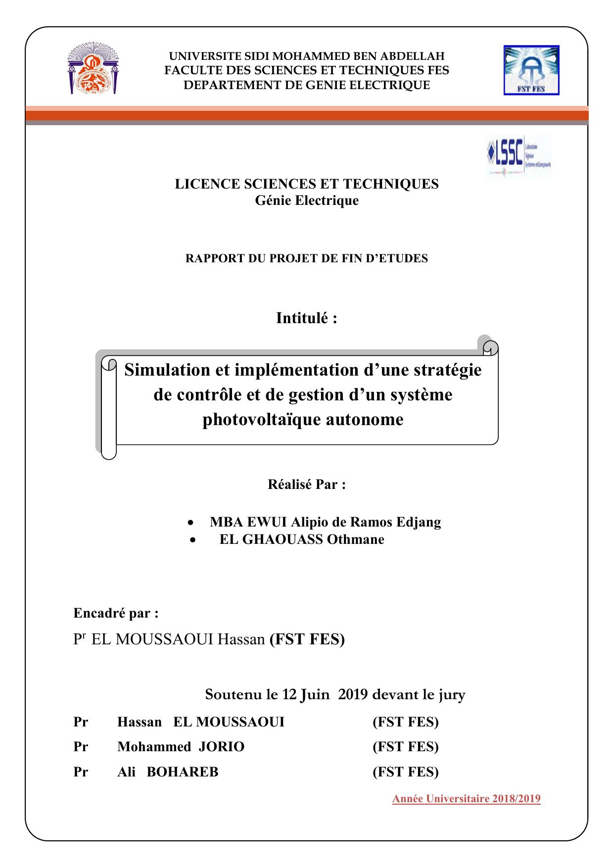 Simulation et implémentation d’une stratégie de contrôle et de gestion d’un système photovoltaïque autonome