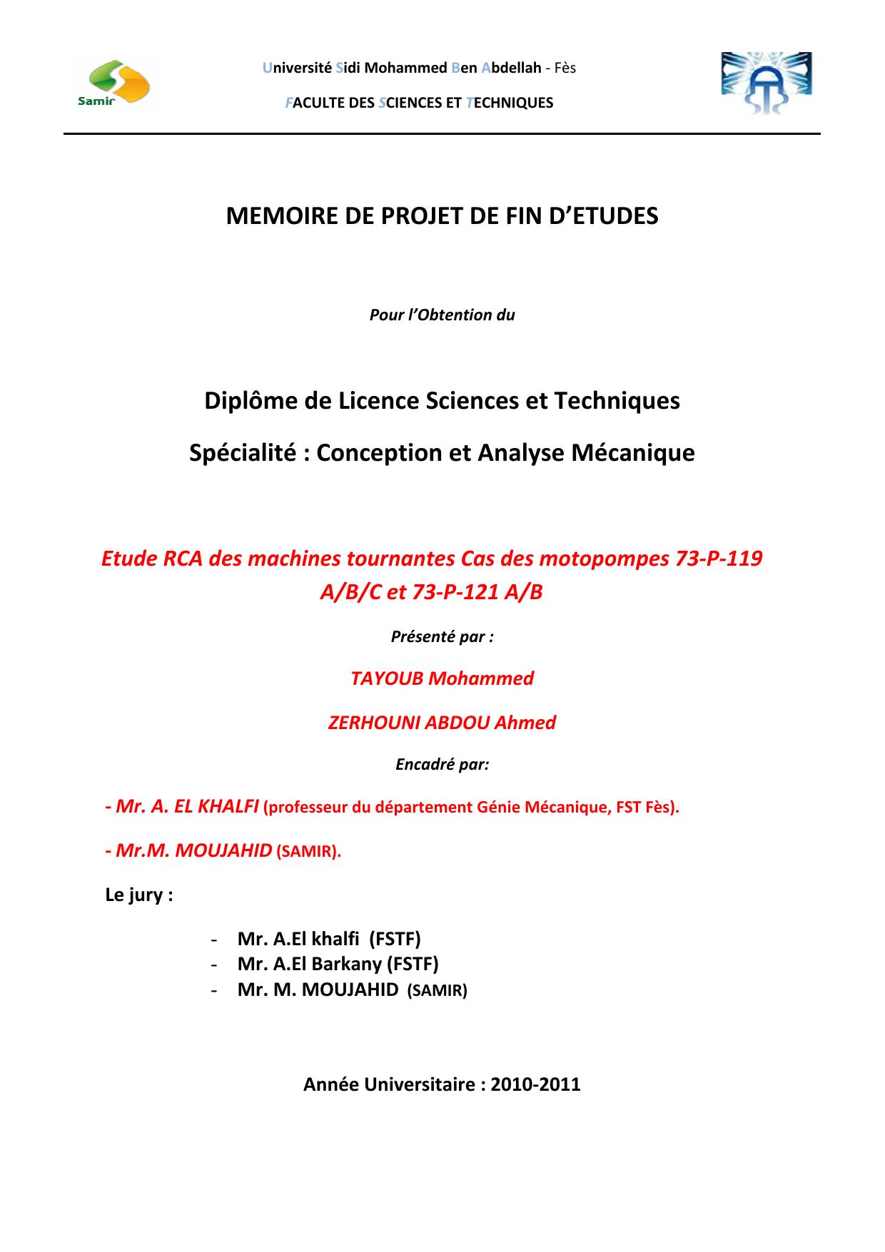 Etude RCA des machines tournantes Cas des motopompes 37-P-119 A/B/C et 73-P-121 A/B