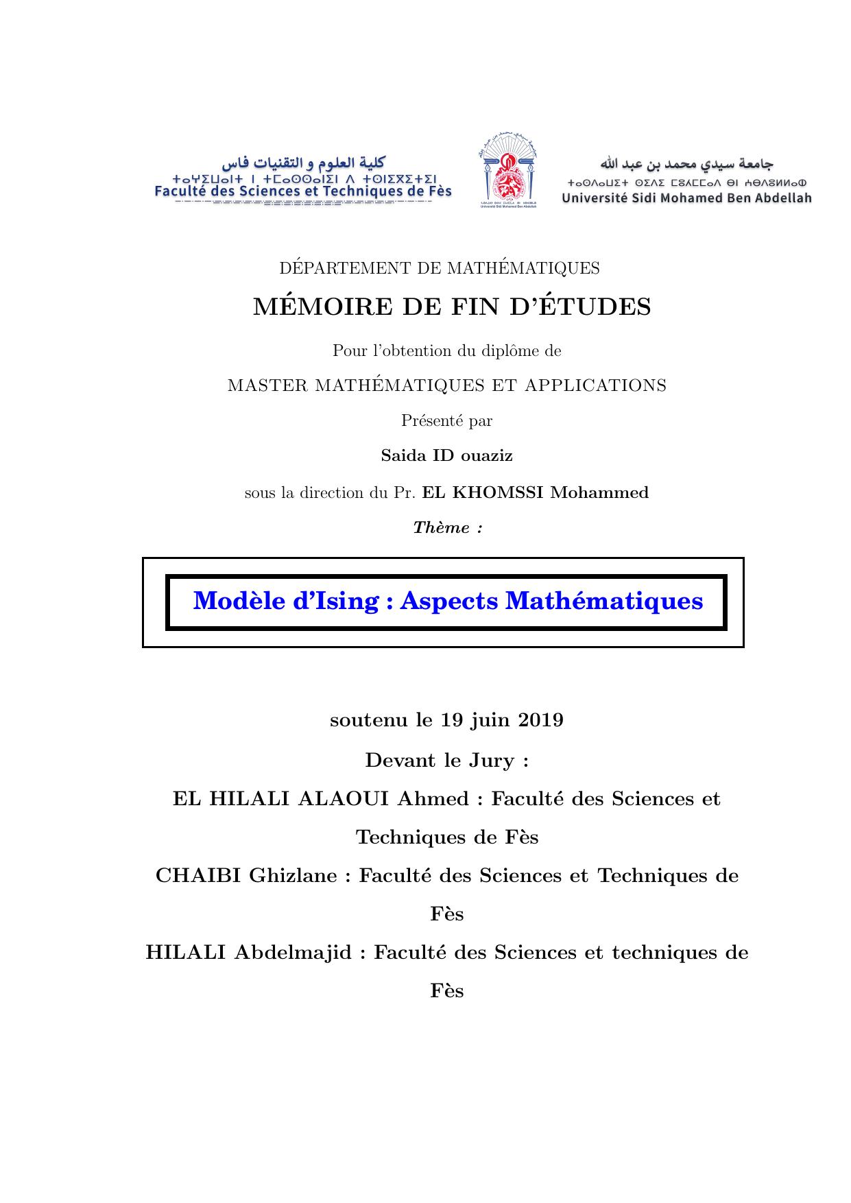 Modèle d'ISING: Aspects Mathématiques