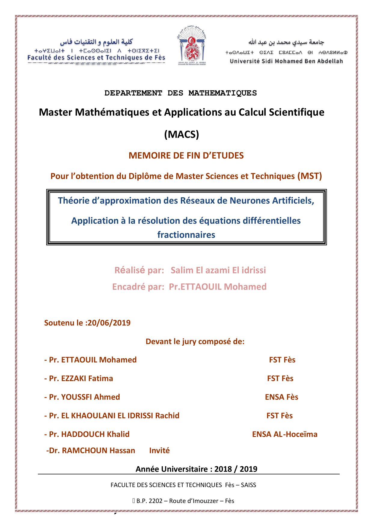 Théorie d’approximation des Réseaux de Neurones Artificiels, Application à la résolution des équations différentielles fractionnaires