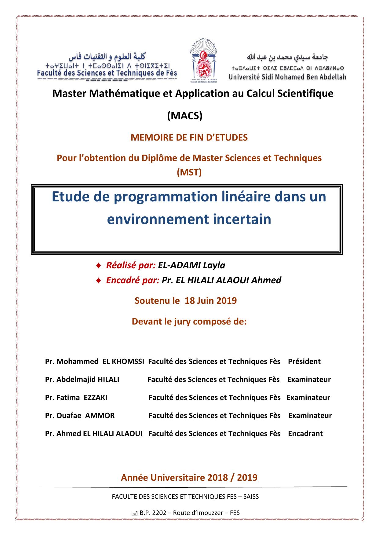 Etude de programmation linéaire dans un environnement incertain