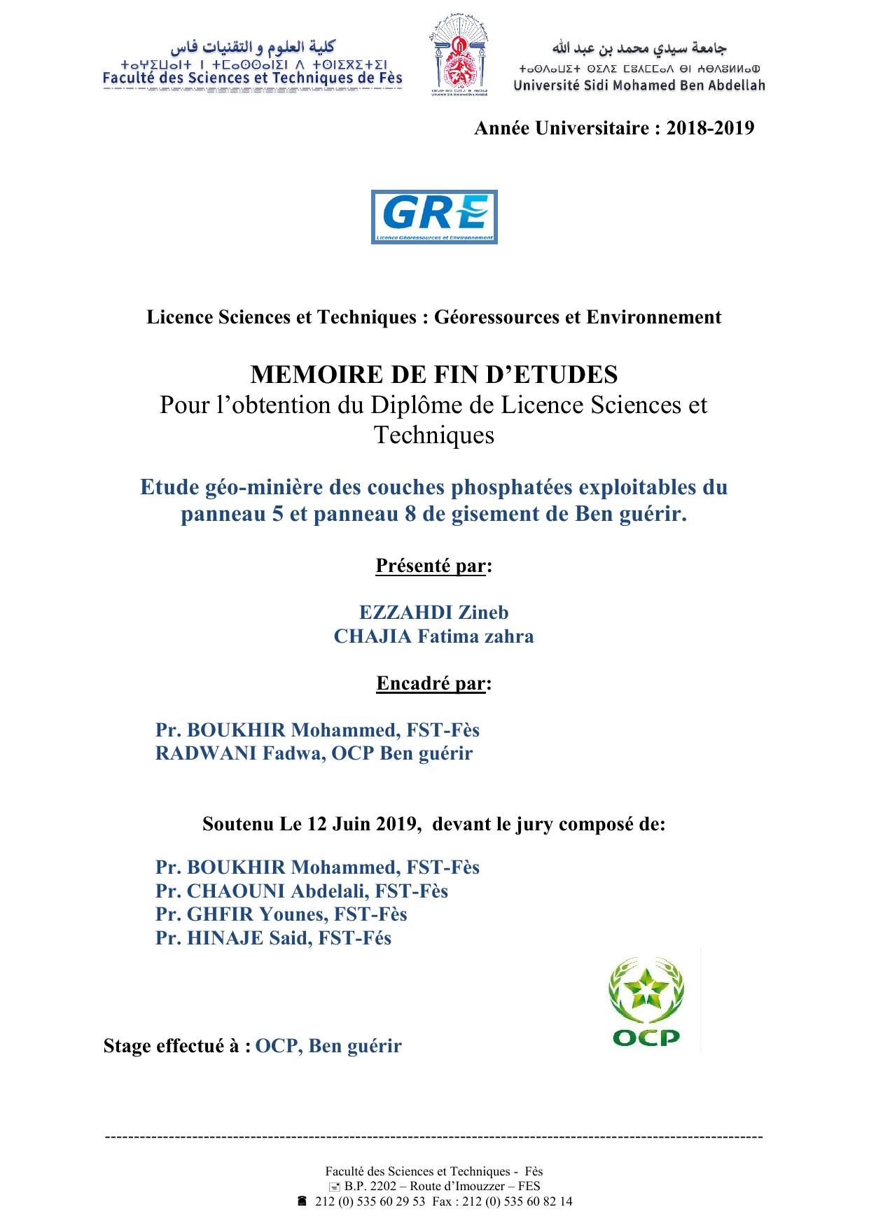 Etude géo-minière des couches phosphatées exploitables du panneau 5 et panneau 8 de gisement de Ben guérir