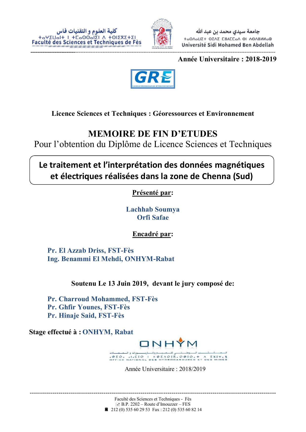 Le traitement et l’interprétation des données magnétiques et électriques réalisées dans la zone de Chenna (Sud)