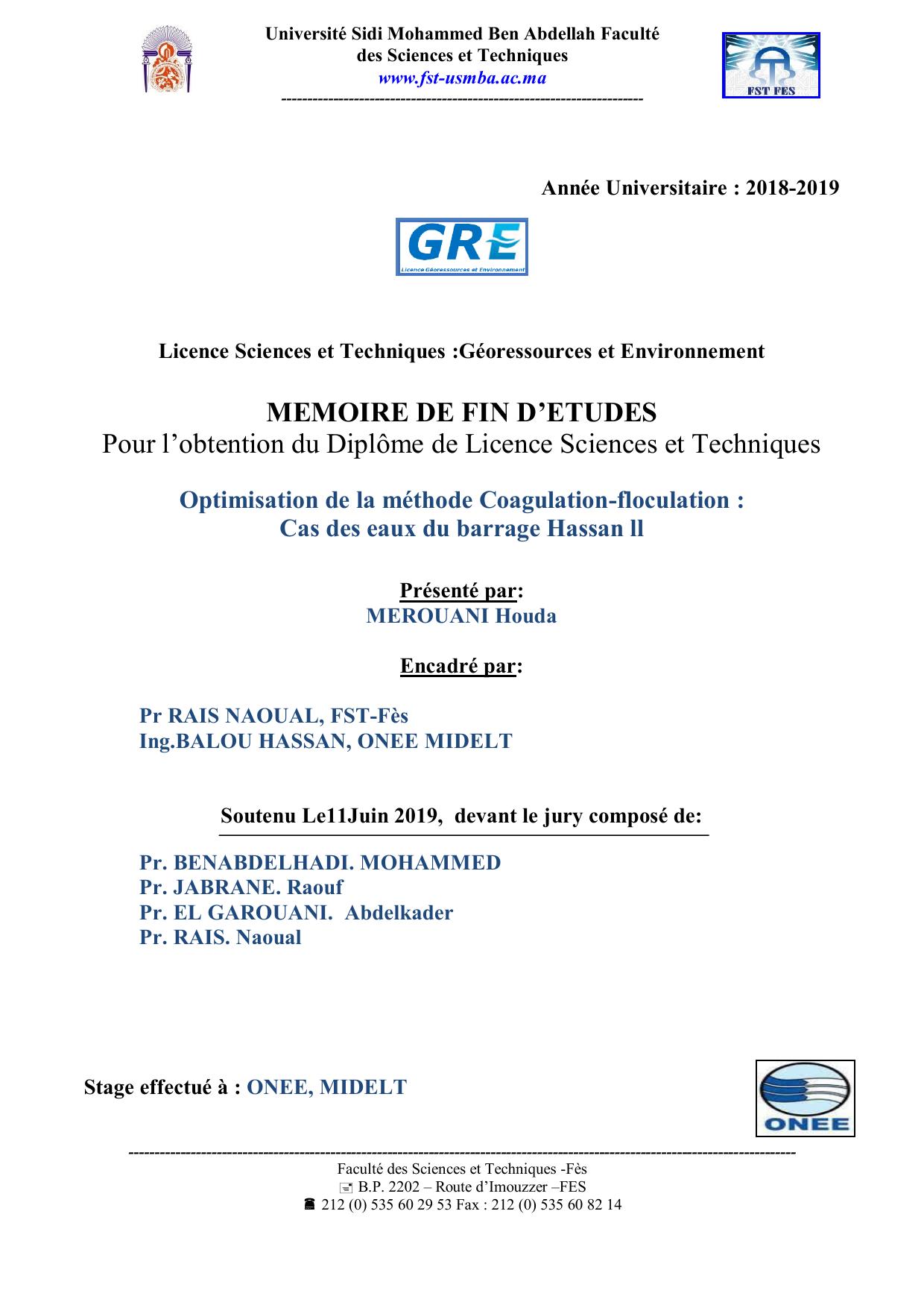 Optimisation de la méthode Coagulation-floculation : Cas des eaux du barrage Hassan ll