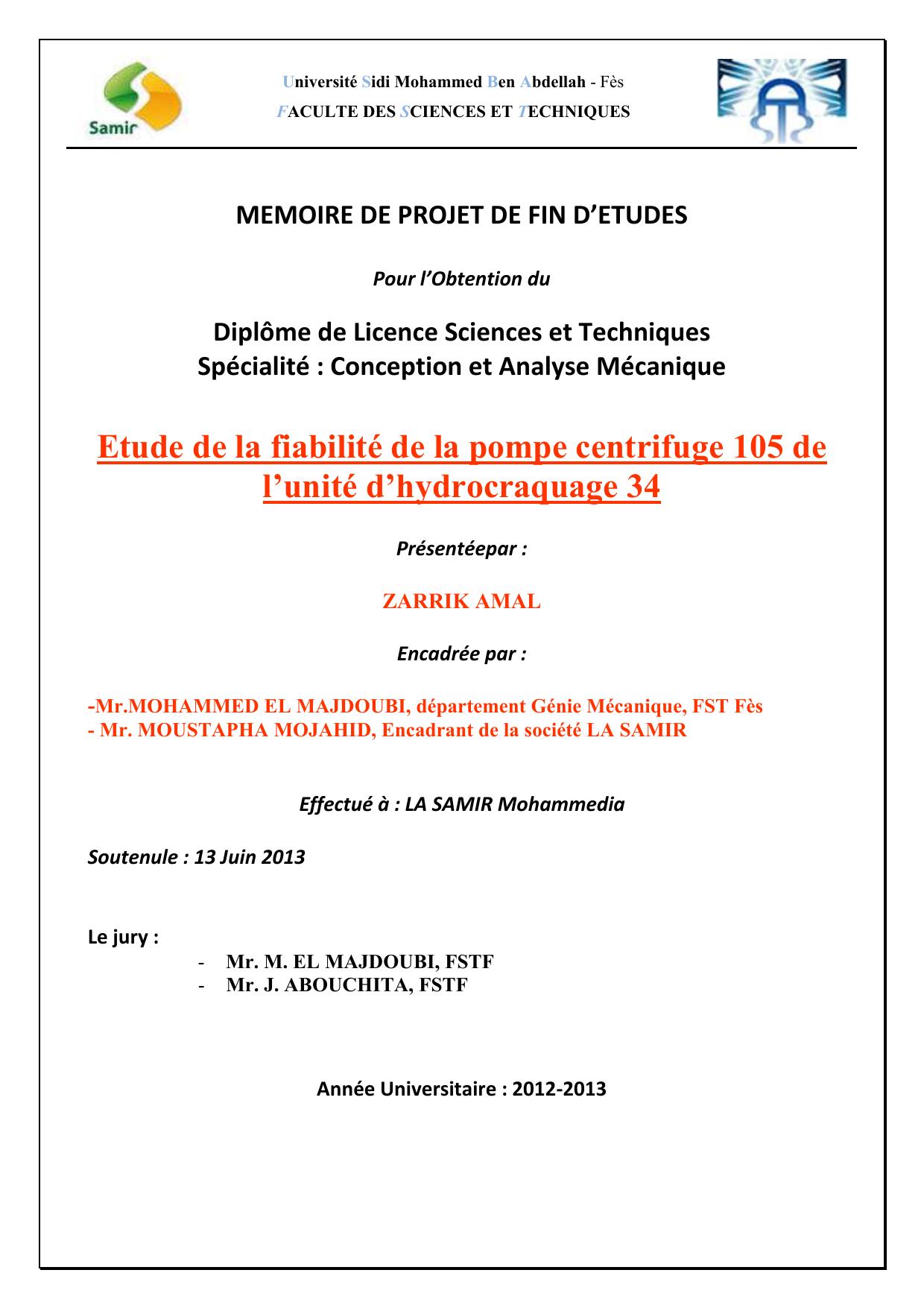 Etude de la fiabilité de la pompe centrifuge 105 de l’unité d’hydrocraquage 34