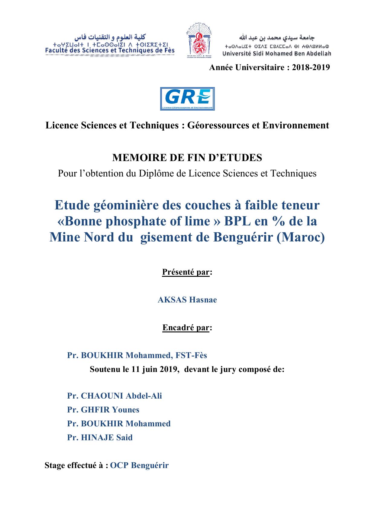 Etude géominière des couches à faible teneur «Bonne phosphate of lime » BPL en % de la Mine Nord du gisement de Benguérir (Maroc)