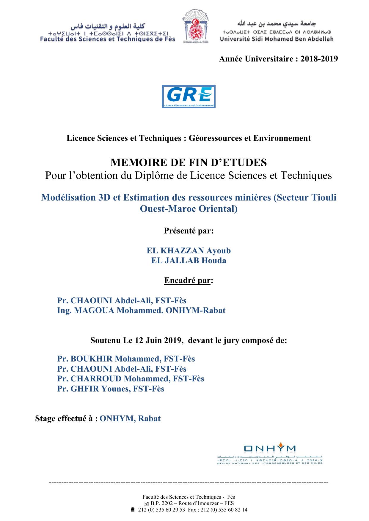 Modélisation 3D et Estimation des ressources minières (Secteur Tiouli Ouest-Maroc Oriental)