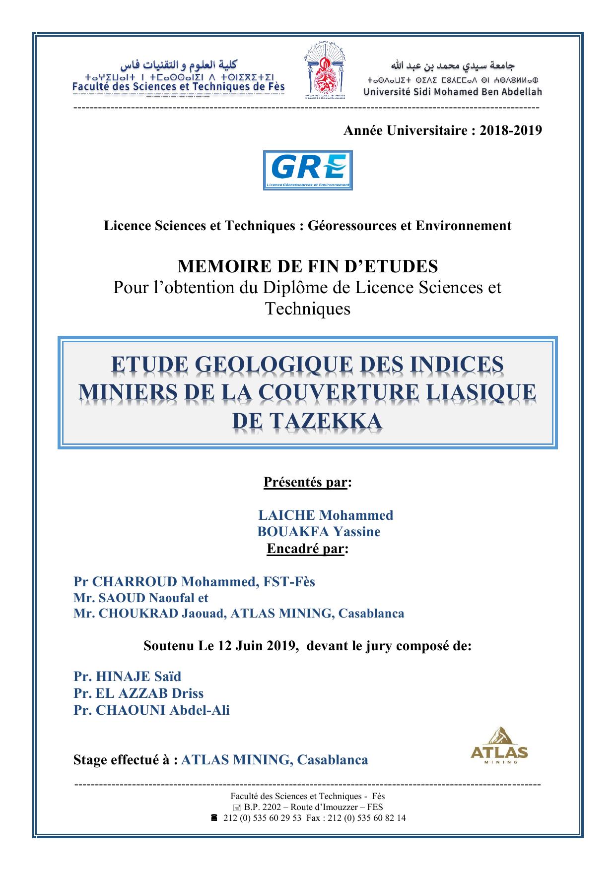 Etude géologique des indices miniers de la couverture liasique de Tazekka