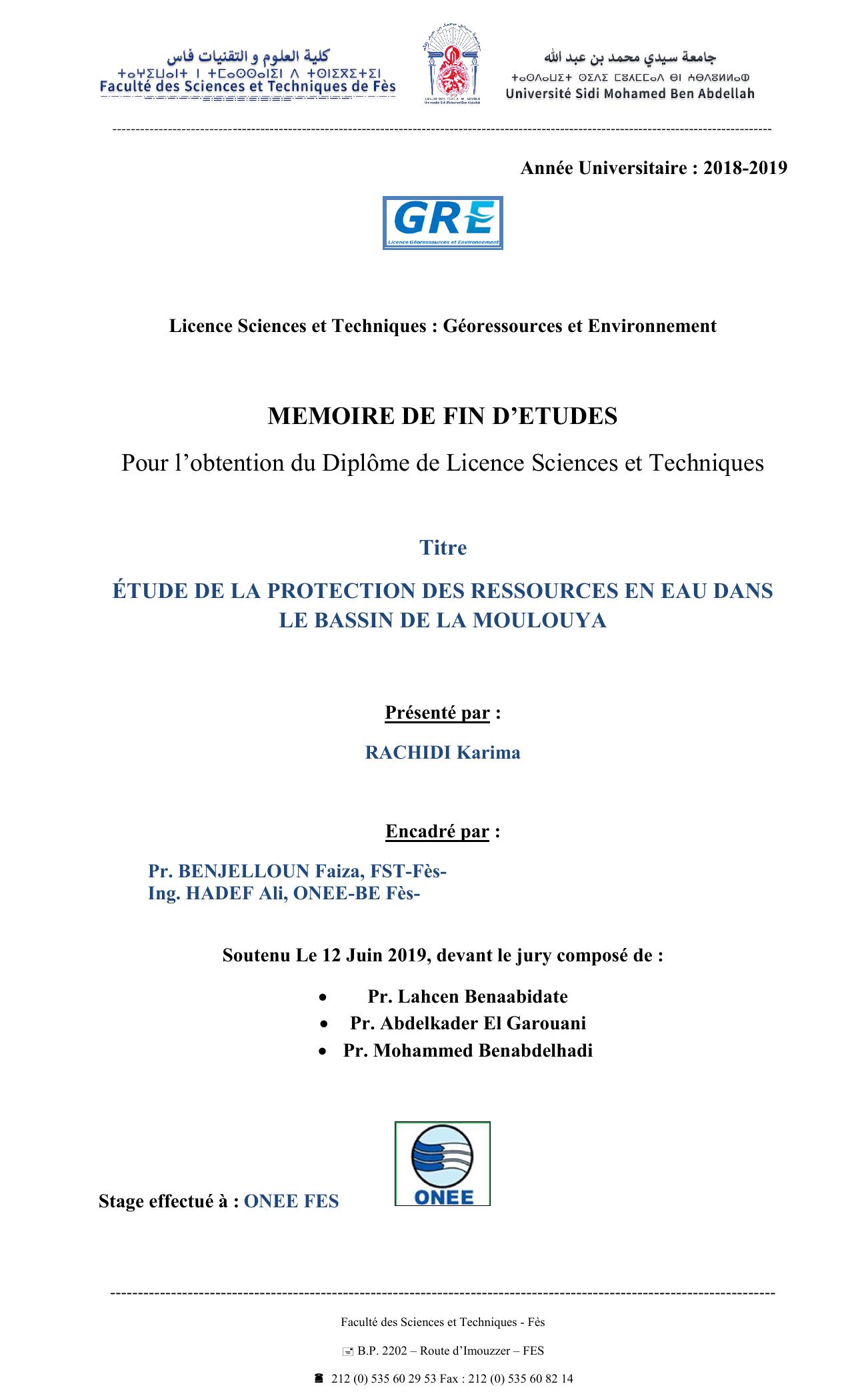 ÉTUDE DE LA PROTECTION DES RESSOURCES EN EAU DANS LE BASSIN DE LA MOULOUYA