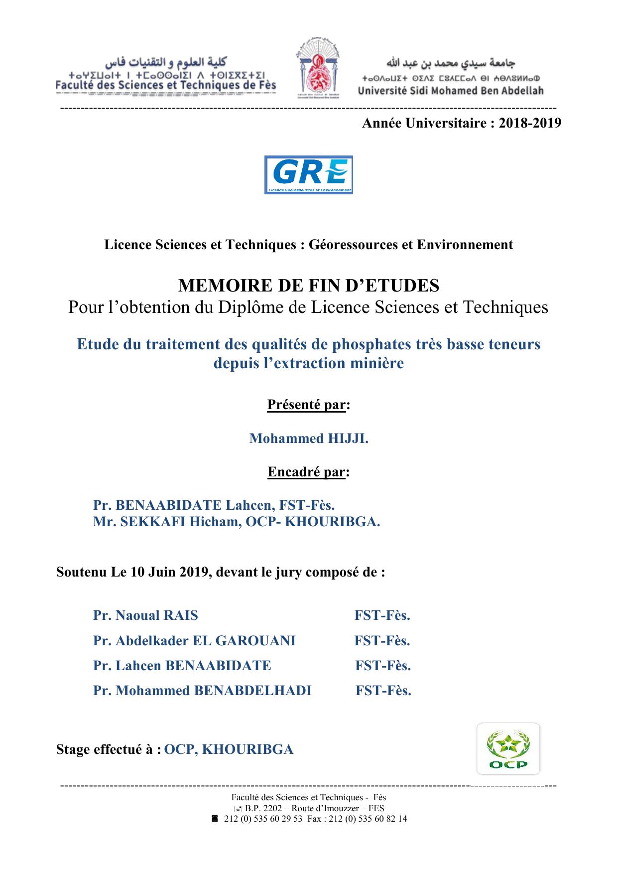 Etude du traitement des qualités de phosphates très basse teneurs depuis l’extraction minière