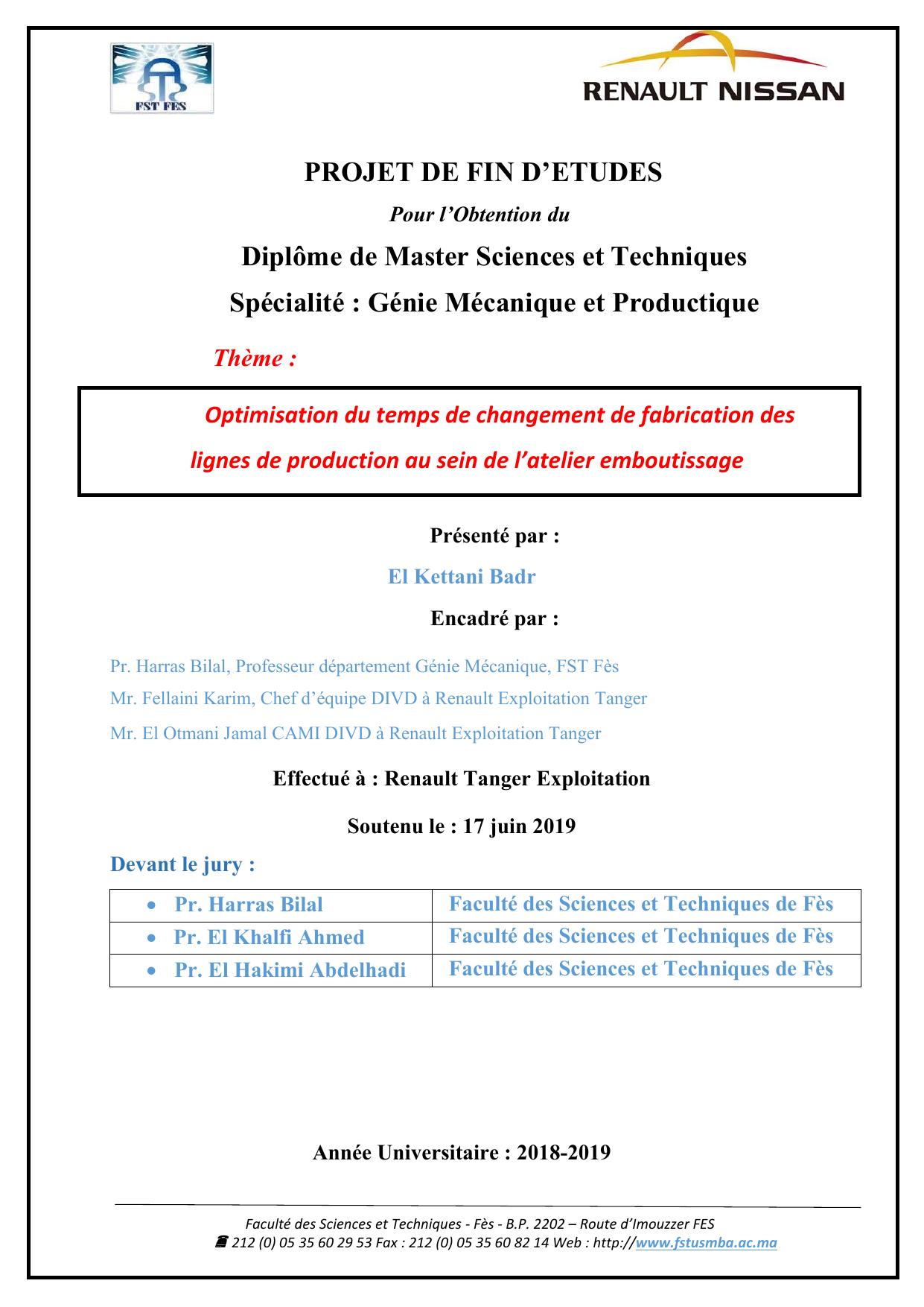 Optimisation du temps de changement de fabrication des lignes de production au sein de l'atelier emboutissage