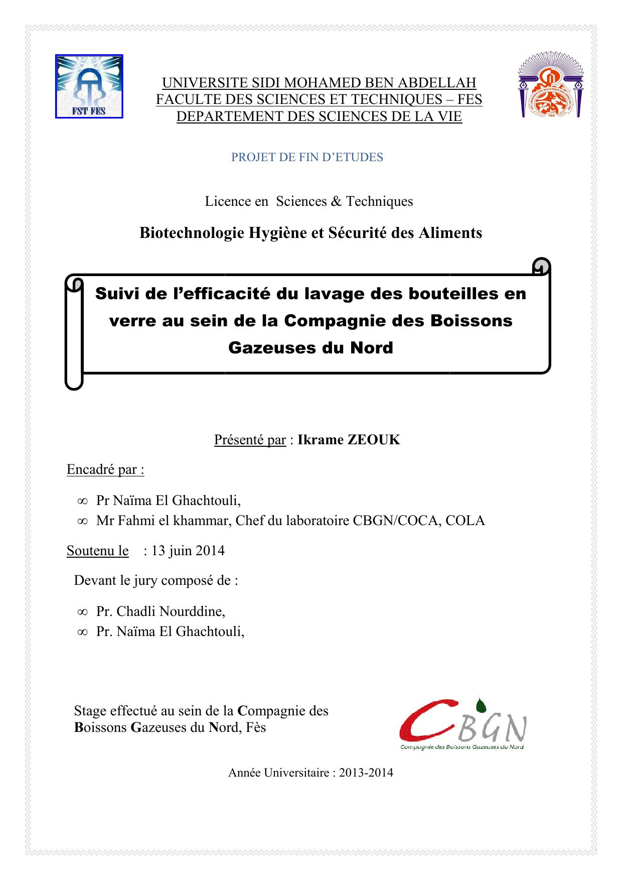 Suivi de l’efficacité du lavage des bouteilles en verre au sein de la Compagnie des Boissons Gazeuses du Nord